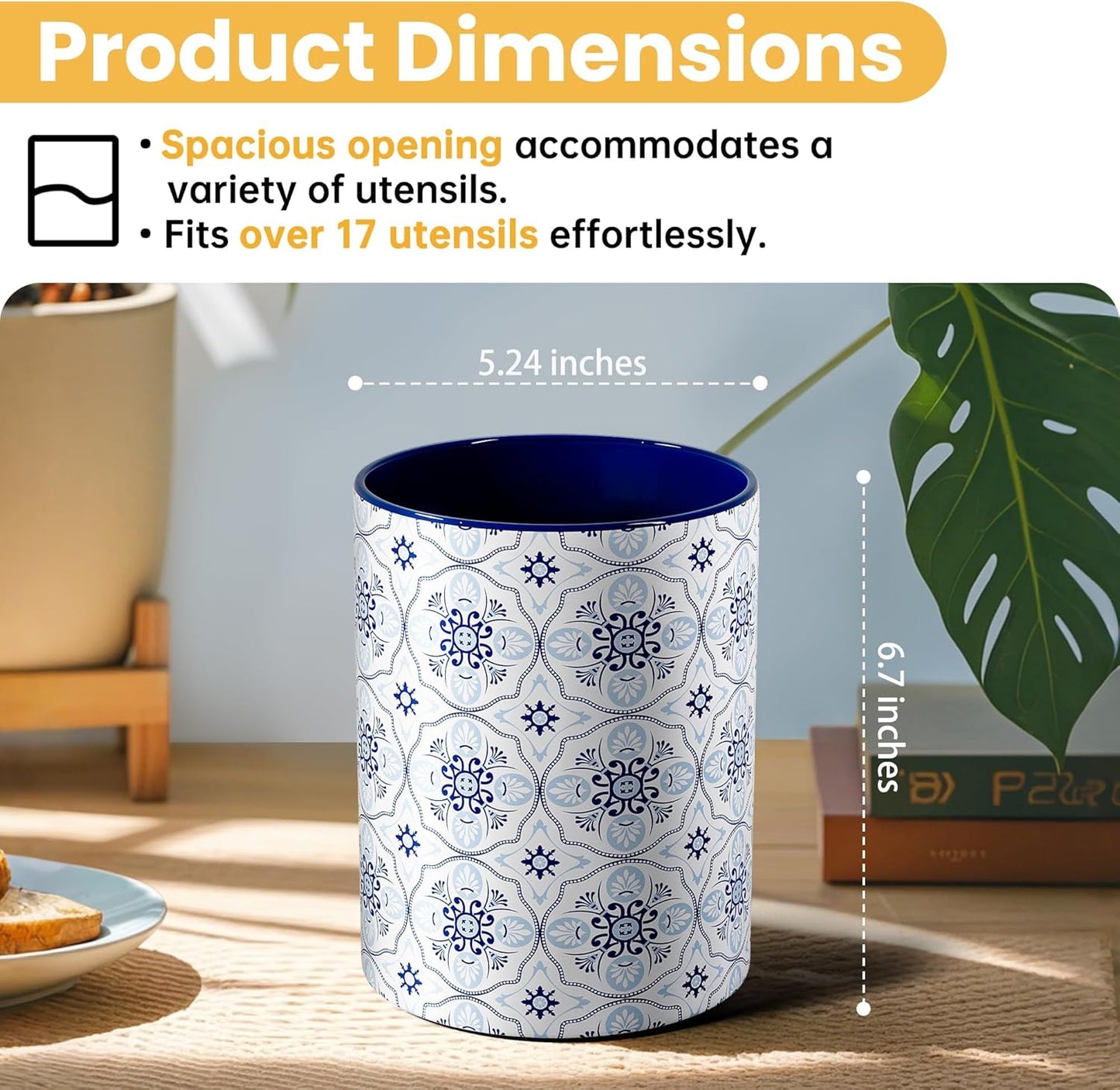 Ceramic Kitchen Utensil Holder for Countertop, Large Mediterranean Utensil Crock ,Navy Blue