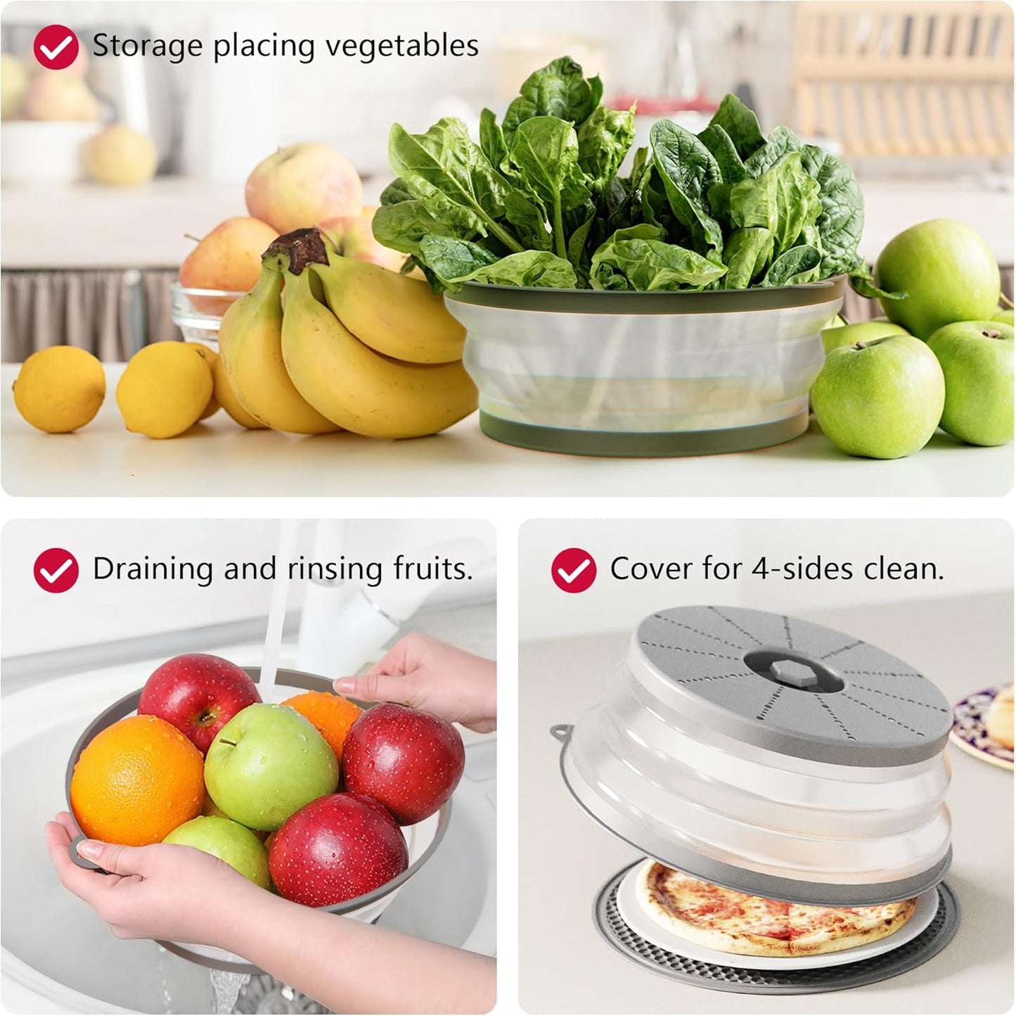 WVM Microwave Splatter Cover & Mat, Vented Collapsible Splatter Guard dish Plate lid & Silicone Round Kitchen Mat for Food, Meal Prep, Grey