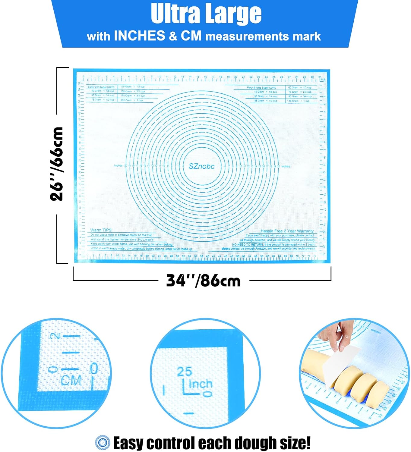Non-slip Silicone Pastry Mat 34X26 inches Baking Mat with Measurement, Perfect for Dough, Pastry, Pie Crust, Fondant, Cookies, Bread, Pasta, Pizza, Food Grade Kitchen Counter Mats