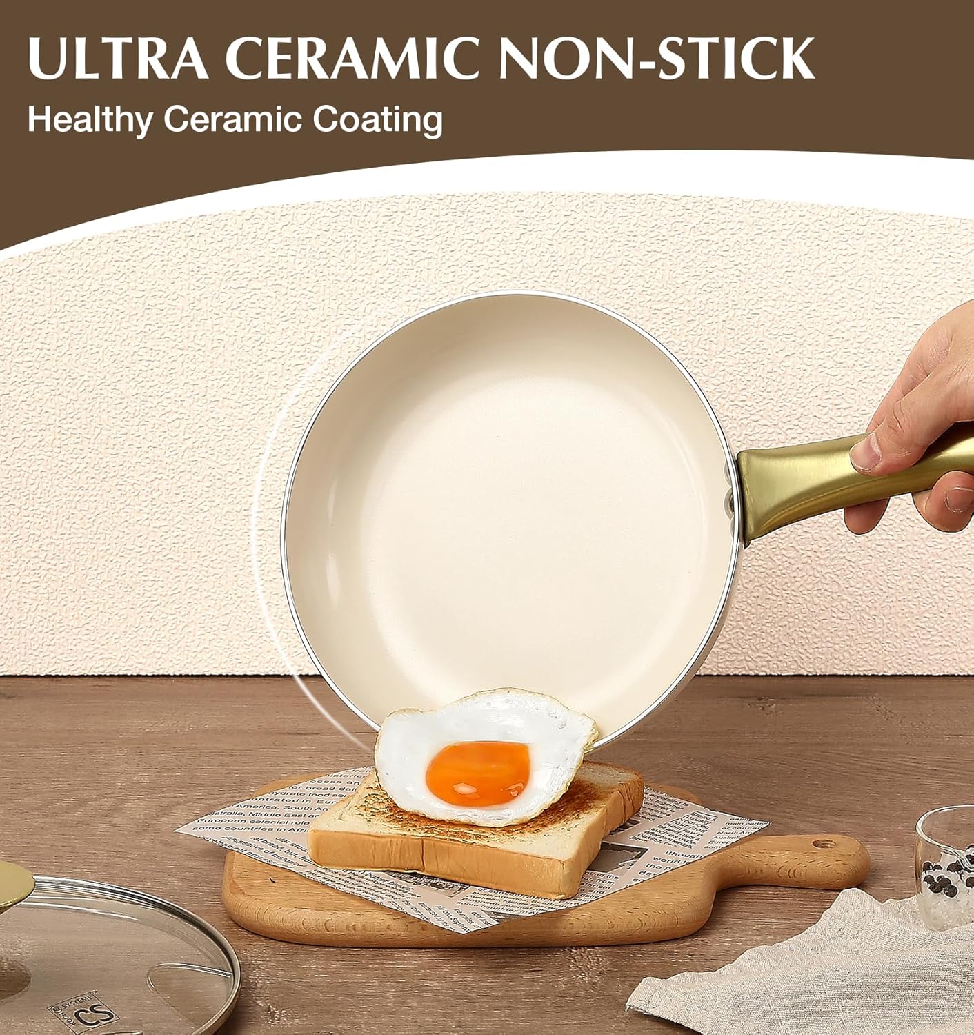 KOCH SYSTEME CS Nonstick Frying Pan with Lid, 8 Inch Non-Stick Skillet with Gold Stay-Cool Stainless Steel Handle, Omelet Pan with Nonstick Ceramic Coating, PFOA Free, Oven Safe, Cream White