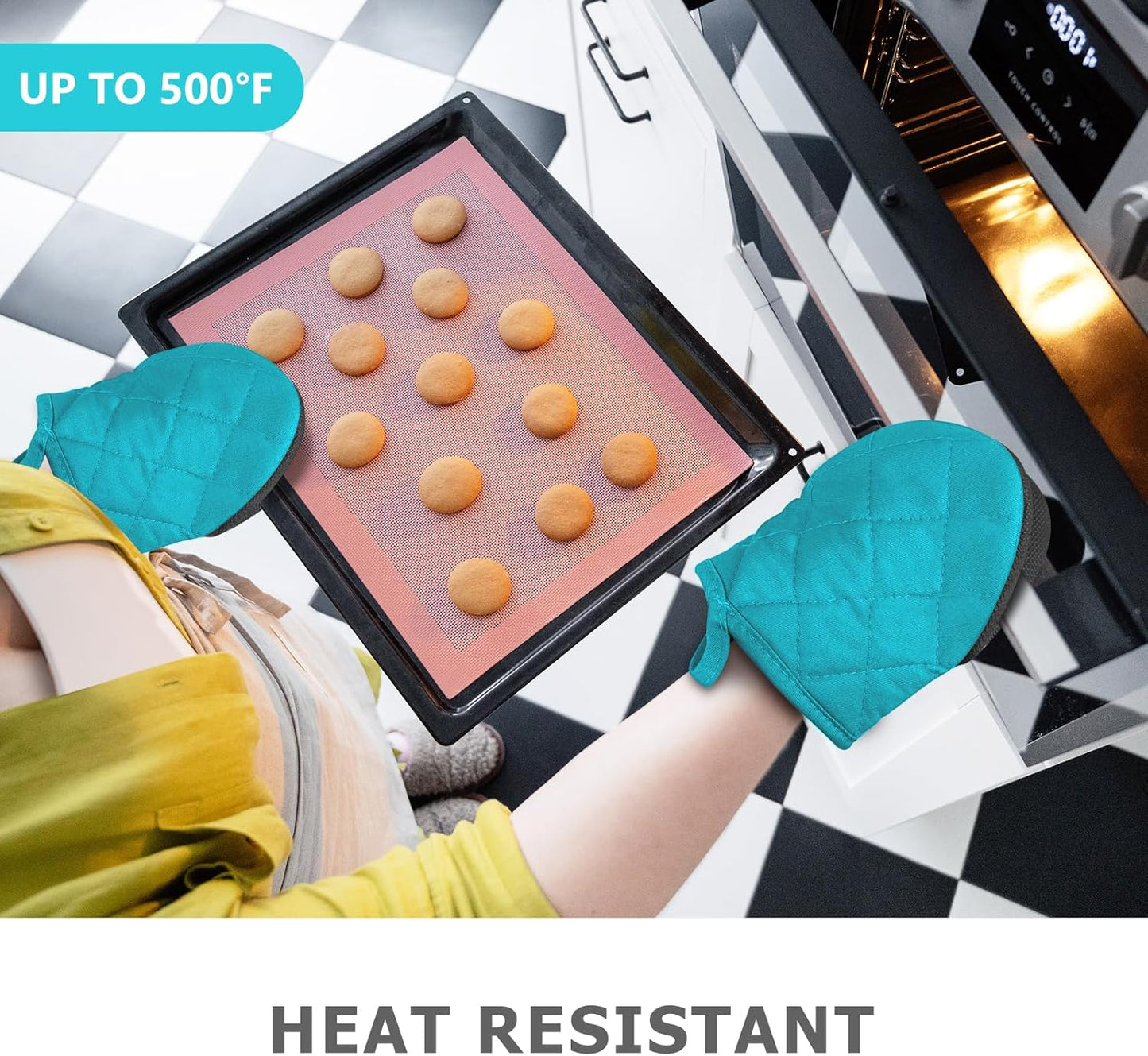 1 Pair Short Oven Mitts - Silicone Kitchen Oven Gloves High Heat Resistant 500℉, Mini Oven Mits with Non-Slip Grip Surfaces and Hanging Loop for BBQ, Baking, Cooking and Grilling (Coral Blue)