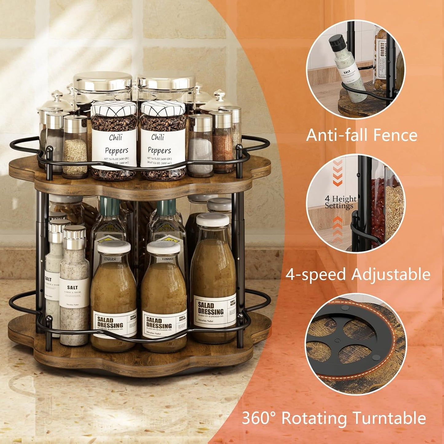 2 Tier Lazy Susan Organizer,2-Tier Spinning Spice Rack with Stable Carousel Base & 4 Height Settings for Cupboard Kitchen Countertop Dining Table Cupboard (Two-Ply(Petal Shape))