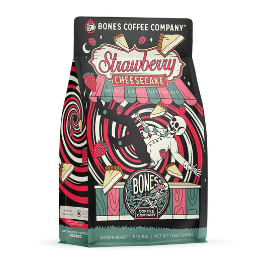 Bones Coffee Company Strawberry Cheesecake Flavored Coffee, Medium Roast Low Acid Arabica Beans Compatible with Auto drip and French Press Coffee Maker, 12 Oz Ground