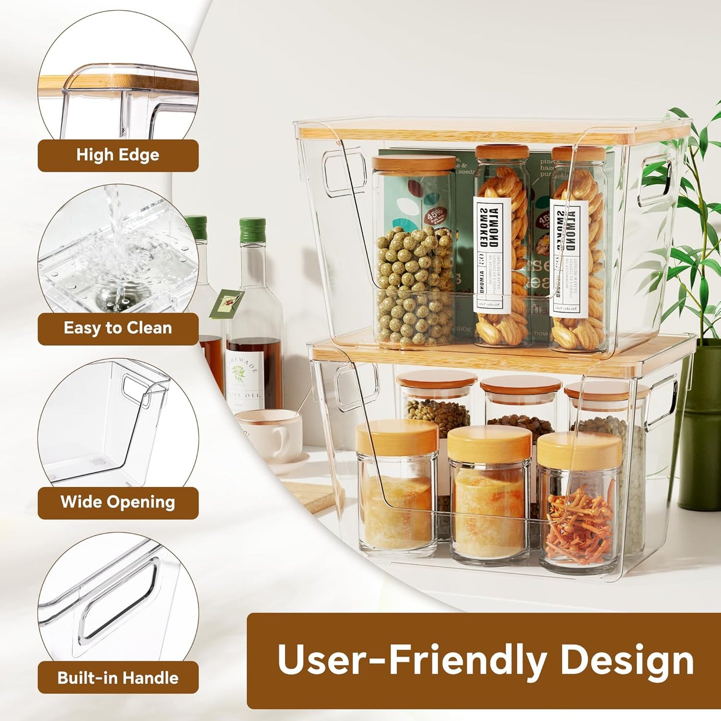 Criusia 2 Set Pantry Organizers and Storage with Bamboo Lids, Stackable Clear Bins for Onion, Potato, Fruit, Vegetables, Trash Bag Dispenser for Kitchen and Under Sink Organization