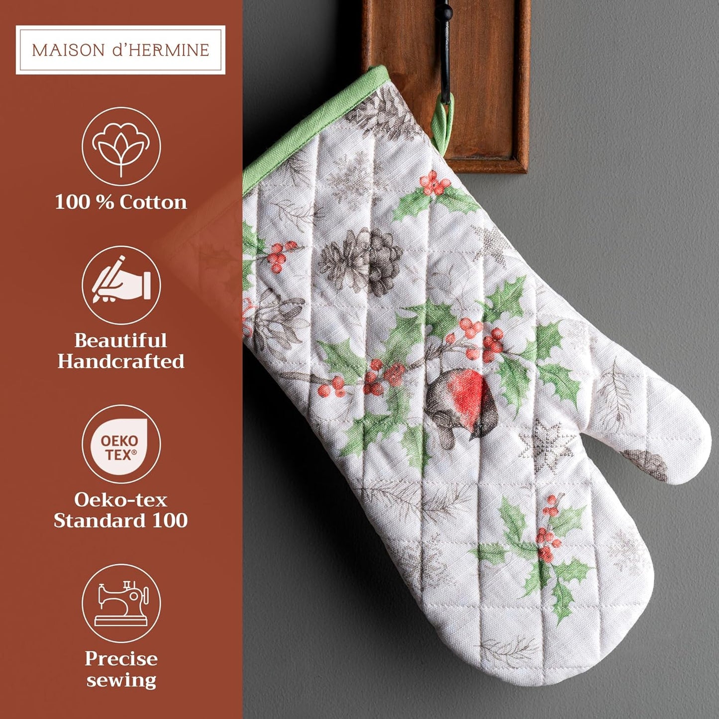 Maison d' Hermine Oven Gloves 100% Cotton Oven Mitt 7" x 13" with Loop Heat Resistant, BBQ, Cooking Gloves, Baking, Grilling, Kitchen, Handling Hot Pans (Pack of 1, Christmas Dew)