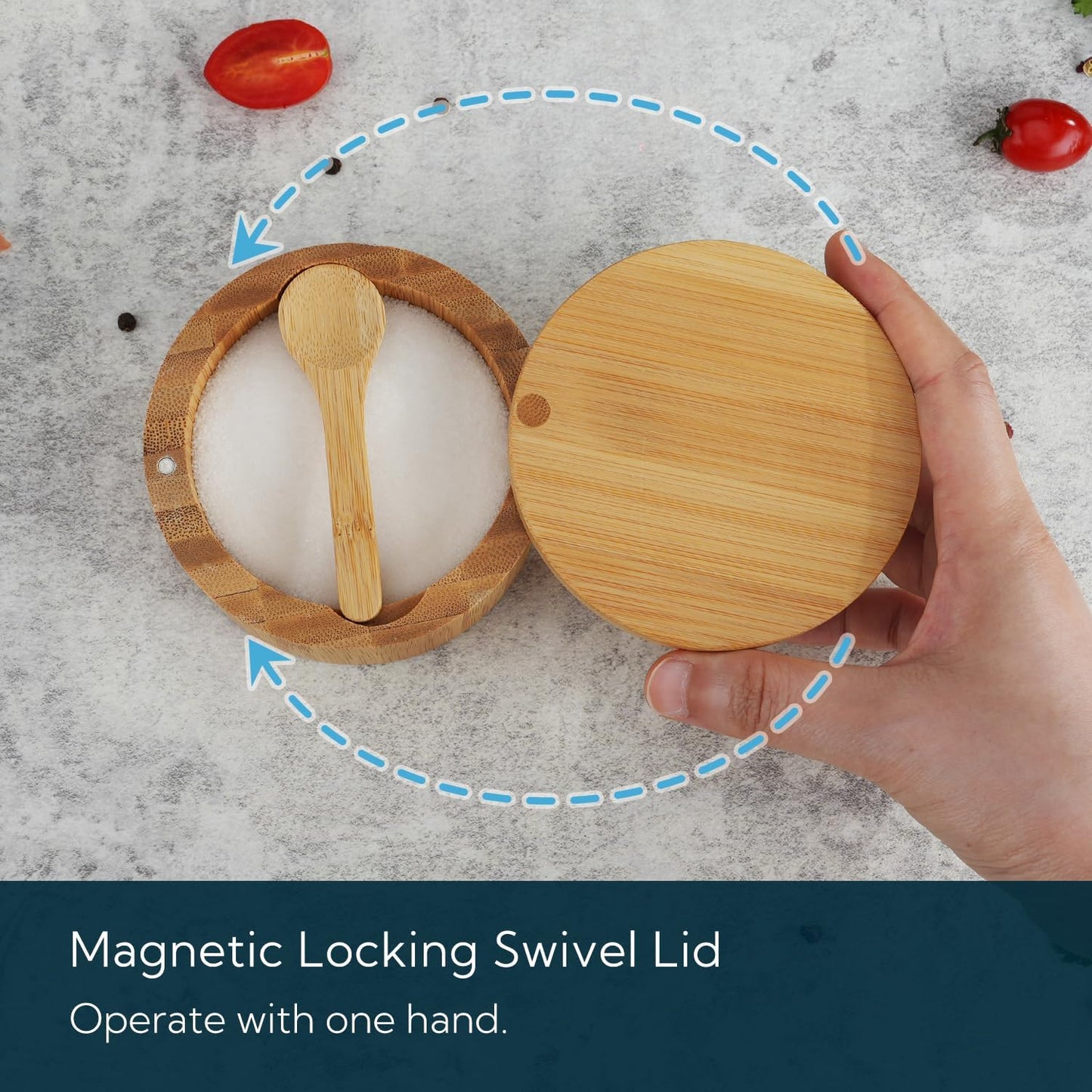 KITCHENDAO Bamboo Salt Cellar Bowl Box Container with Built-in Spoon, Elegant Kitchen Salt Dish Holder Saver Jar with Swivel Magnetic Lid to Storage Pepper Spice, 6OZ