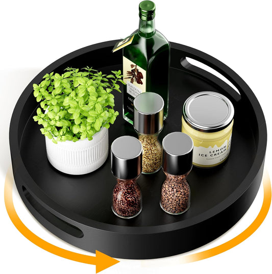 Lazy Susan Organizer Homerays 13 Inch Non-Skid Bamboo Lazy Susan for Kitchen Rotating Spice Rack with Handles, Wood Turntable for Kitchen Cabinet,Countertop (Black, Large)
