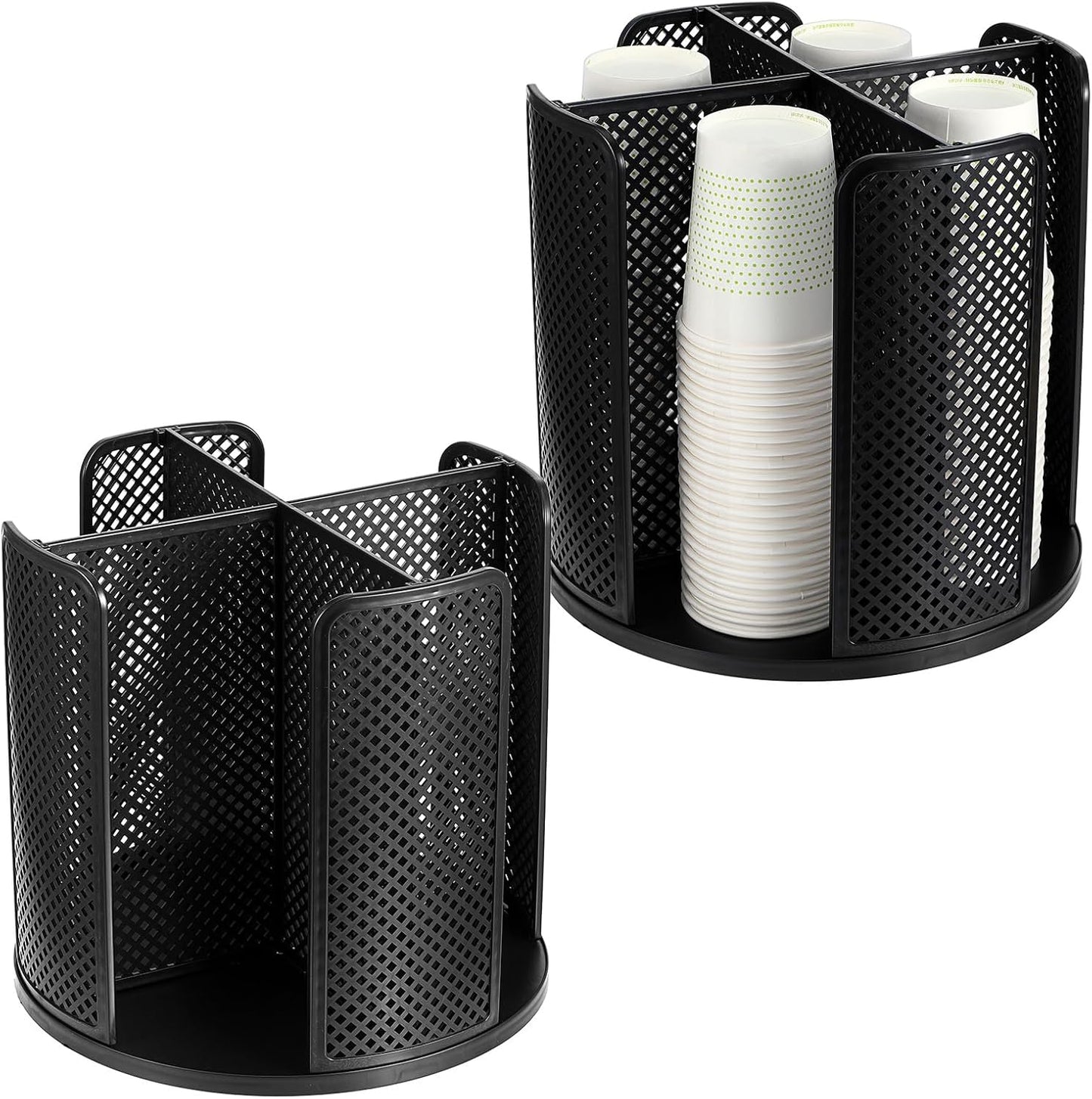 2 Pcs Rotating Paper Cup Dispenser, Cup Holder with 4 Compartments, Disposable Coffee Cup Dispenser Removable, Plastic Cup Storage & Lid Holder for Countertops, Kitchen, Coffee Stations (Black)