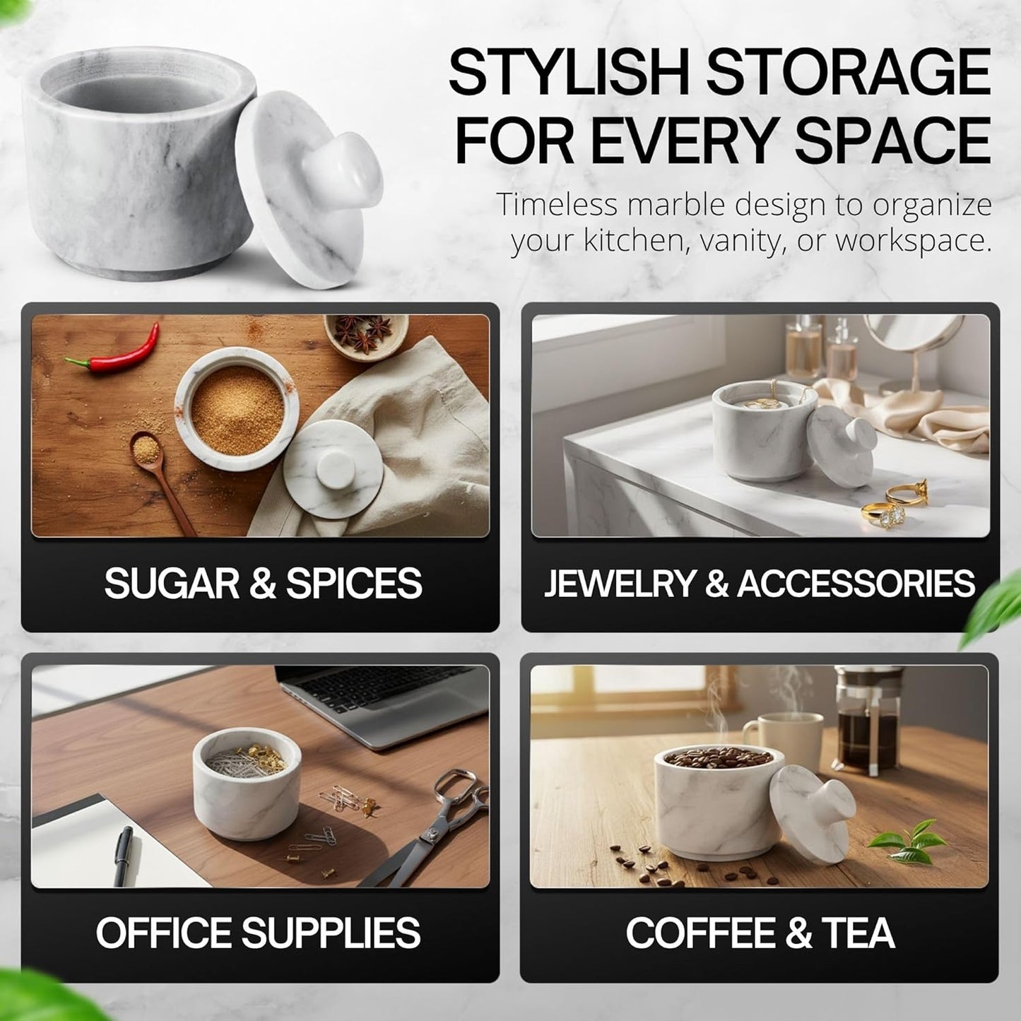 Flexzion Multi-Purpose Marble Container with Lid - Salt, Pepper, Paprika and Powdered Herbs, Marble Box for Jewelry, Watches and Accessories (White)