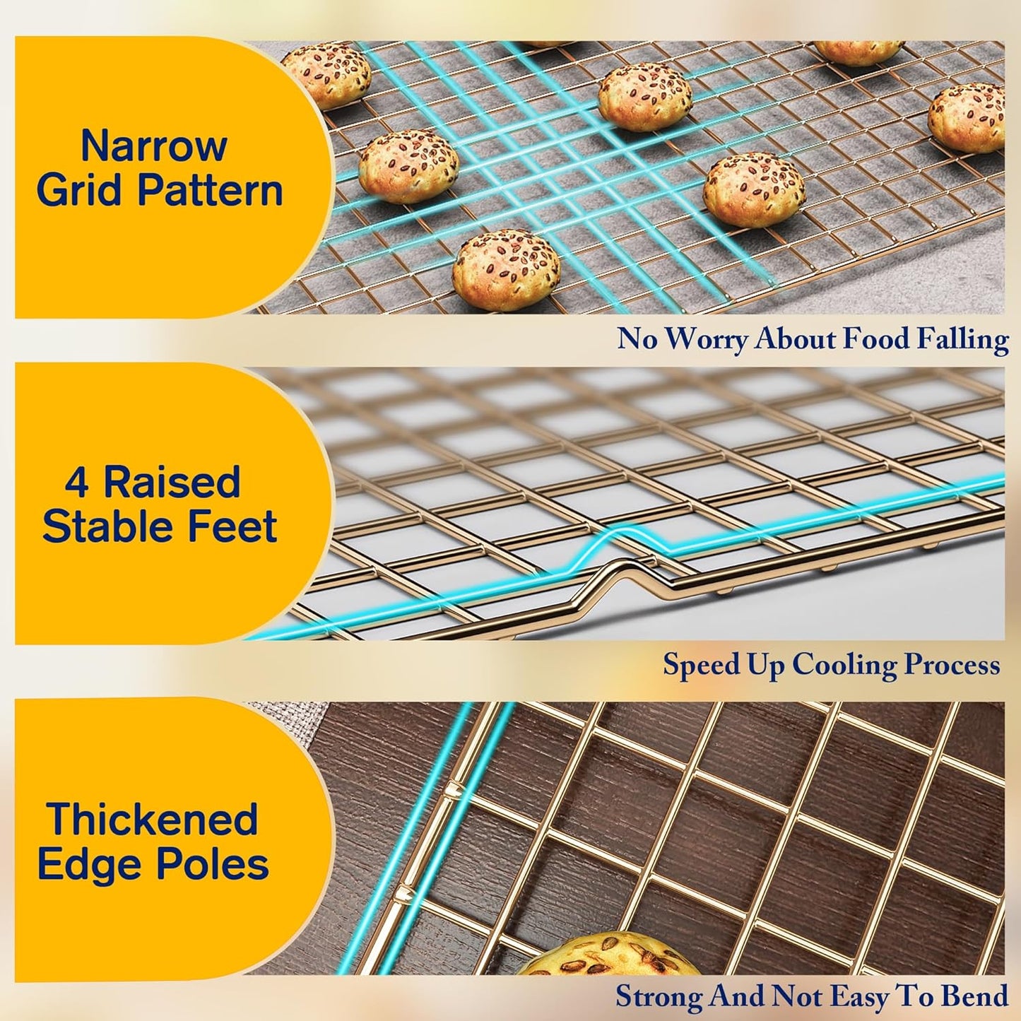 2PCS Cooling Racks for Cooking and Baking - 10" x 16"Heavy Duty Stainless Steel Wire Rack for Baking, Grilling, Roasting - Oven & Dishwasher Safe - Fits Half Sheet Pan（Gold）