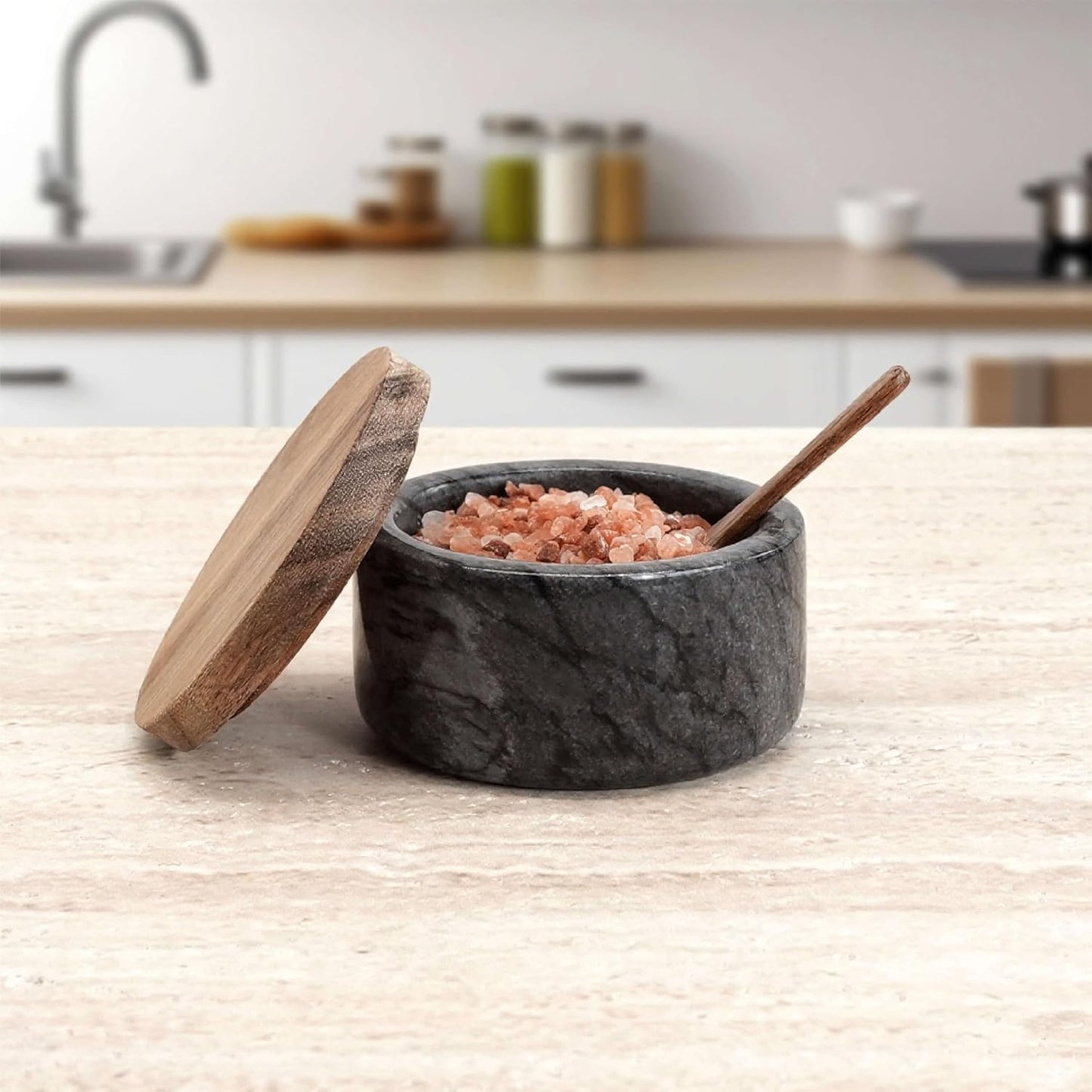 Marble Salt Cellar with Acacia Wood Lid and Spoon – 4-inch Salt Box with Spoon Slot, Kitchen Spice Container for Salt, Sugar, or Spices (Grey)