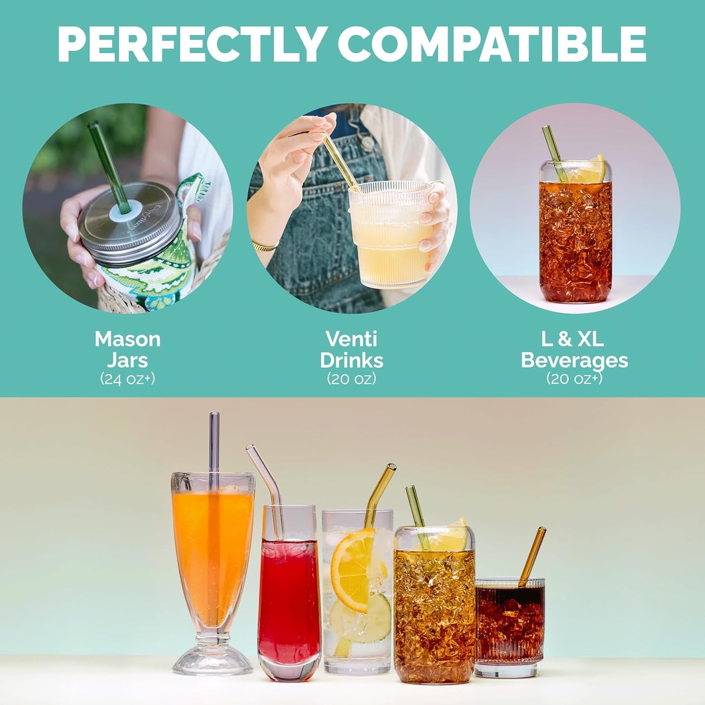 Simply Straws 10 Inch Glass Straws Straight (6-Pack) – Reusable Glass Straws for 24 Oz Mason Jars & Tumblers, with Cleaning Brush – Durable, Dishwasher Safe, Hot & Cold Use, BPA-Free (Fjord Mist)