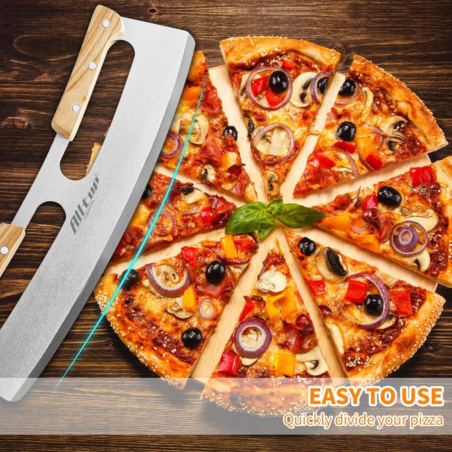 ALLTOP Pizza Cutter Rocker,Stainless Steel Blade Knife With Double Wooden Handle & Plastic Cover, Large Pizza Slicer/Chopper, Essential Kitchen Tool -14 In