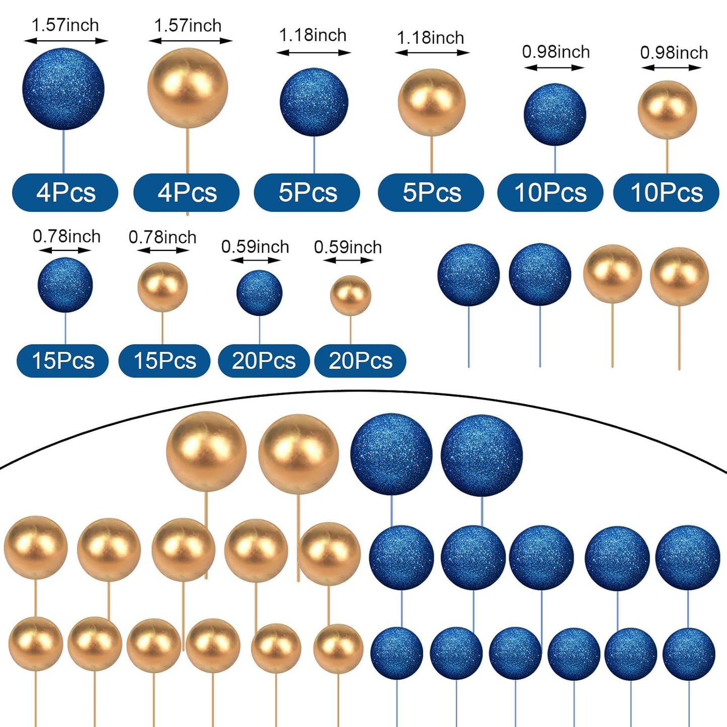 108 Pcs Balls Cake Topper DIY Cupcake Insert Foam Balloons for Cake Baking Wedding Anniversary Birthday Decoration(Bright Blue, Gold,Multi Sizes)