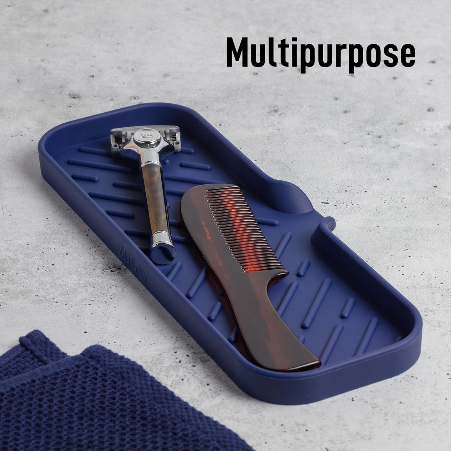 Zulay Kitchen Large Silicone Sponge Holder (12x4) – Flexible Sink Organizer Tray for Kitchen & Bathroom – Multipurpose Soap Dish for Sponges, Makeup, Trinkets & More (Dark Blue)