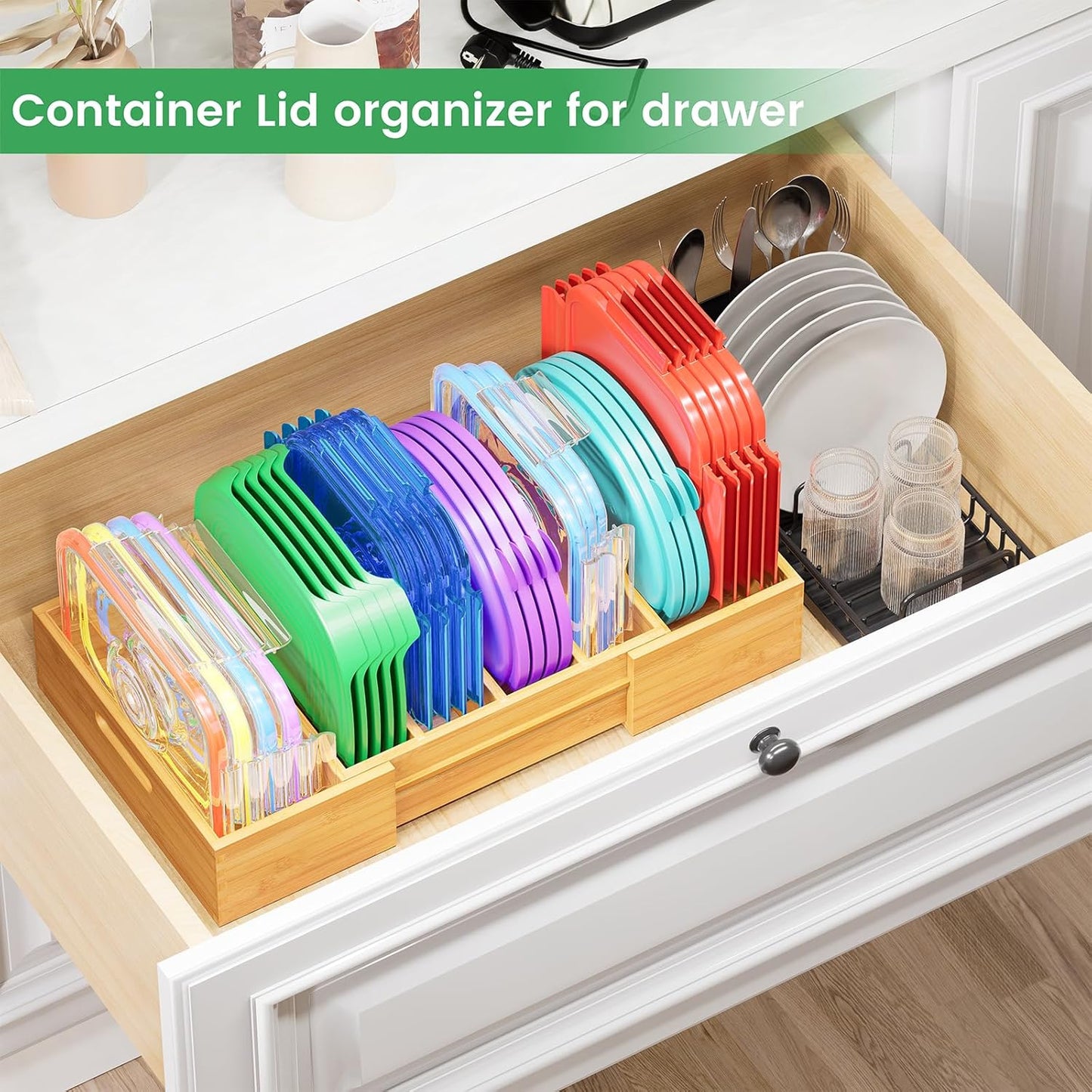 Expandable Bamboo Lid Organizers Inside Cabinet, Kitchen Cabinet Organizers with 3 Adjustable Dividers, Storage Plastic Lids, Food Container Lid Holder Organizer for Drawer Pantry, Nature