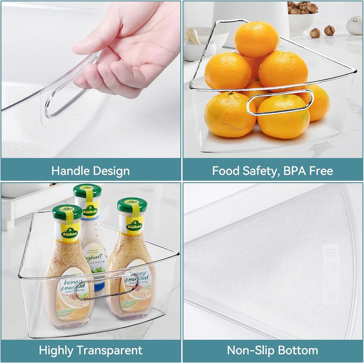 Oubonun Lazy Susan Organizers Set of 8, 11.6’’ x 10.2’’ x 4.1’' Plastic Transparent Kitchen Cabinet Storage Bins with Handle, 4.1" Deep Container, 1/8 Wedge - Food Safe, without BPA