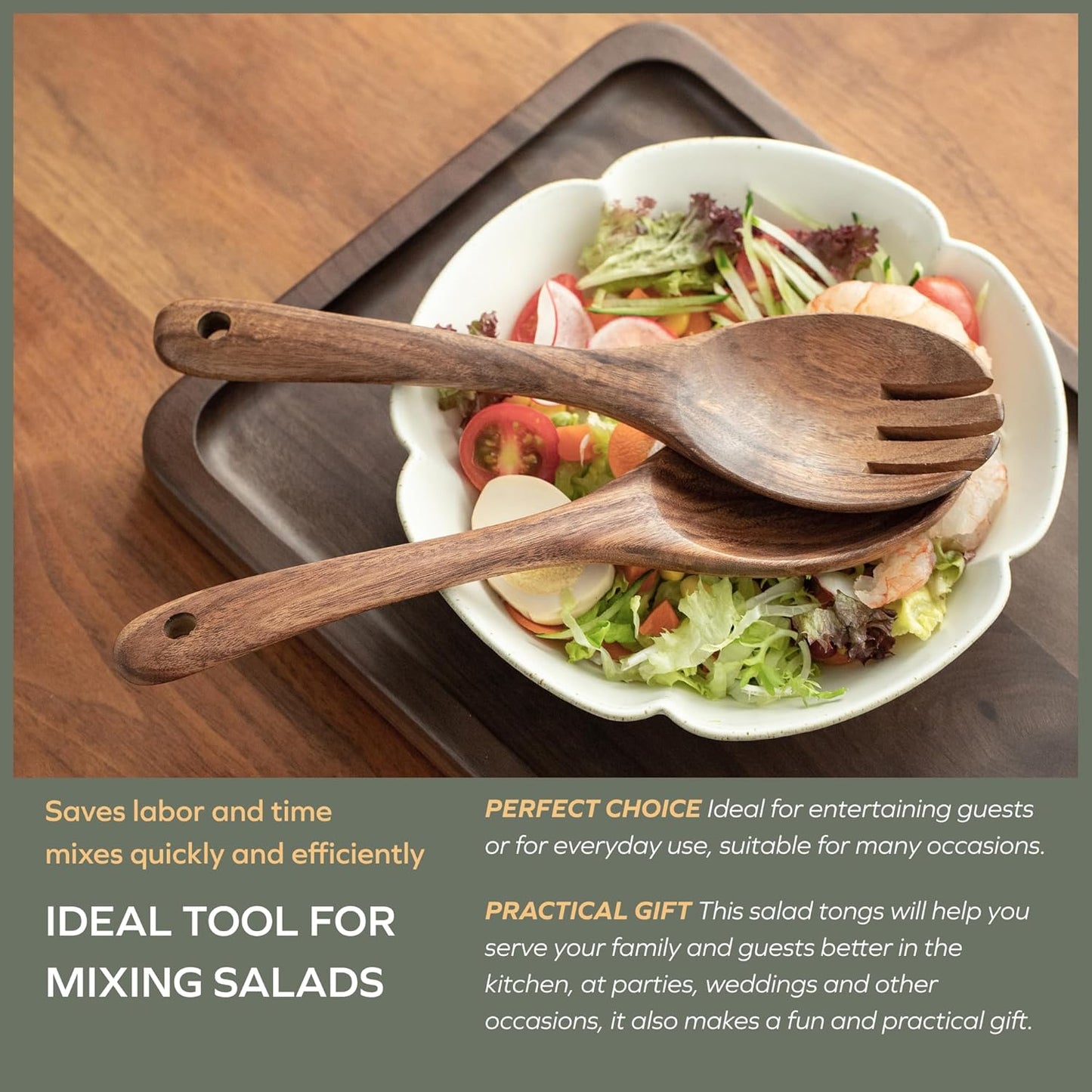 Muso Wood Acacia Salad Servers, 12-inch Wooden Salad Tongs for Serving Salad Mixes, Set of 2 (Acacia salad servers)