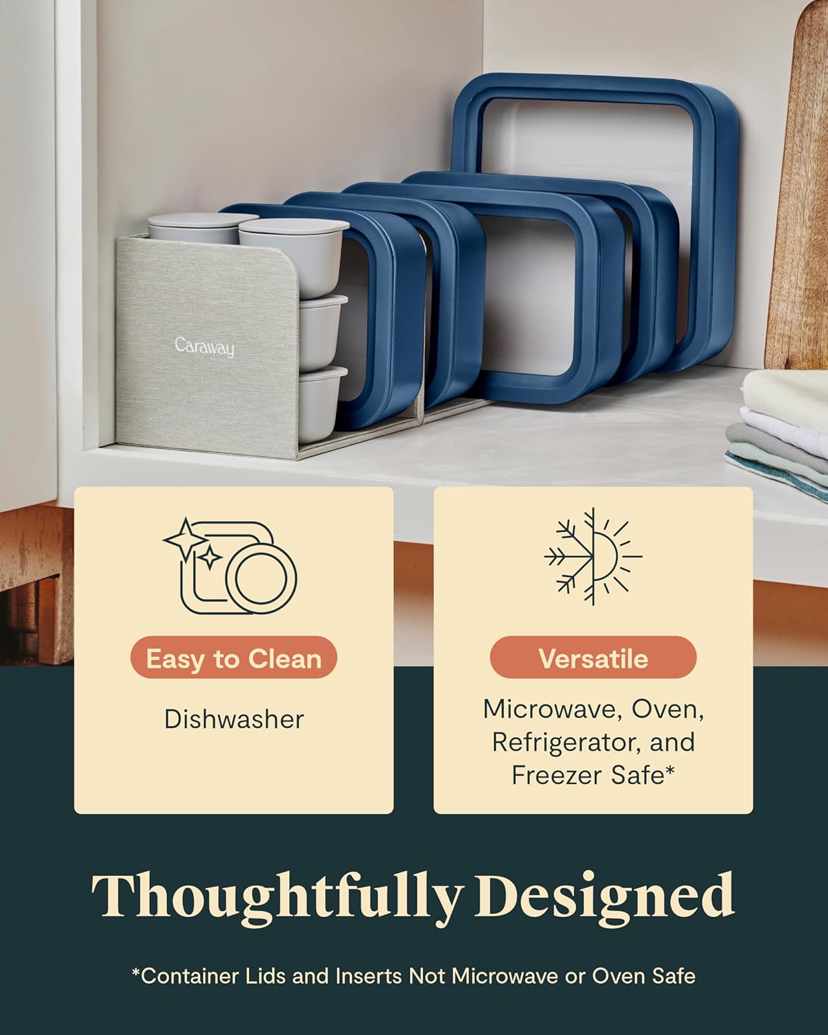 Caraway 14pc Glass Food Storage Container Set - Easy to Store, Non Toxic Lunch Box - with Glass Lids - Includes Storage Organizer & Dot & Dash Inserts - Navy