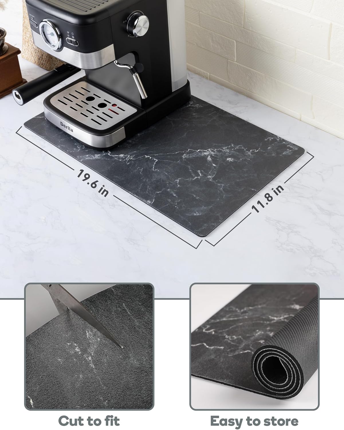 SUEH DESIGN Coffee Mat, Absorbent Dish Drying Mat 19.6 x 11.8 in Quick Dry Coffee Mat Large Drying Mats for Kitchen Counter Coffee Bar, Marble Black