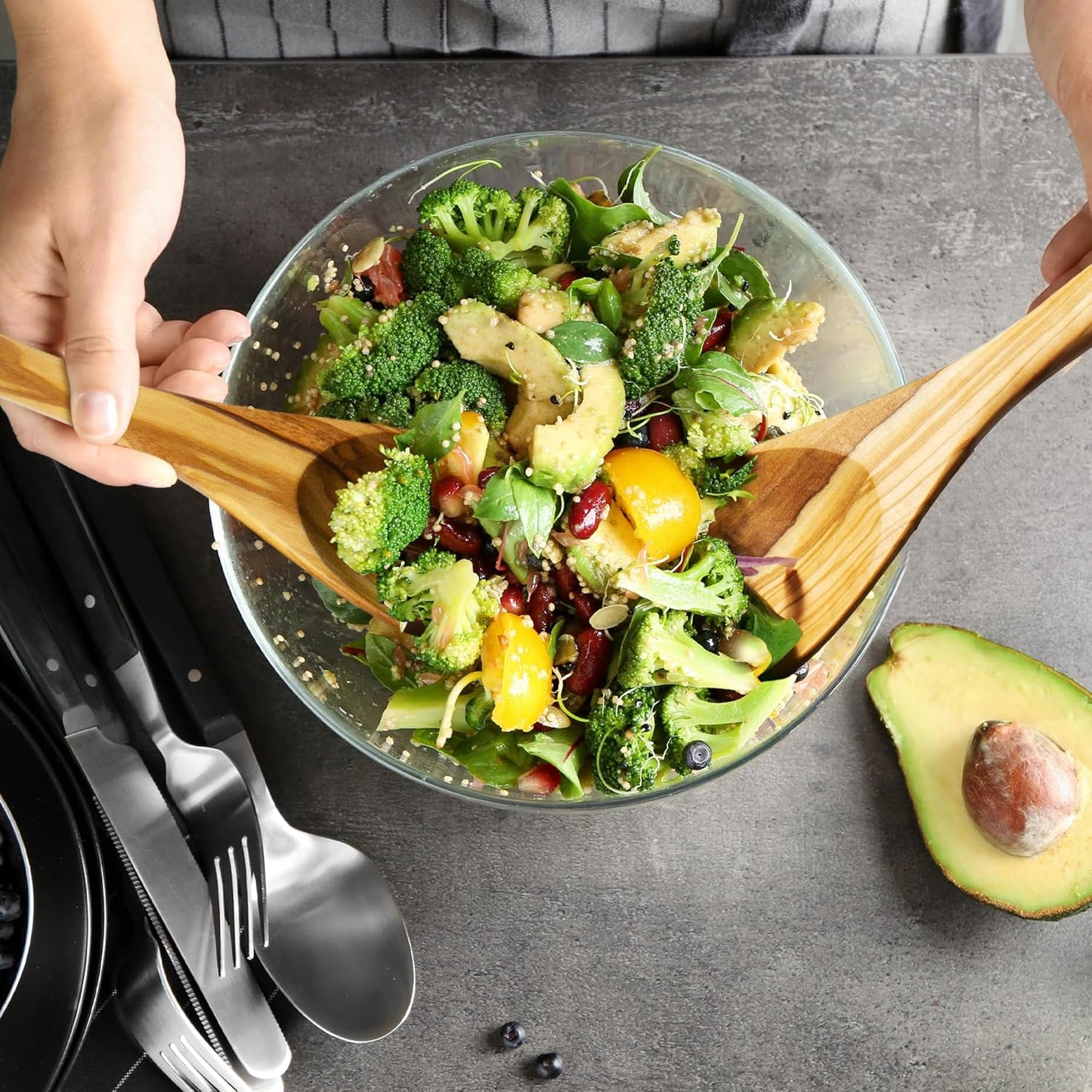 Rock & Branch Olive Wood Salad Serving Utensils, Great for Tossing and Serving Salad, Pasta and More