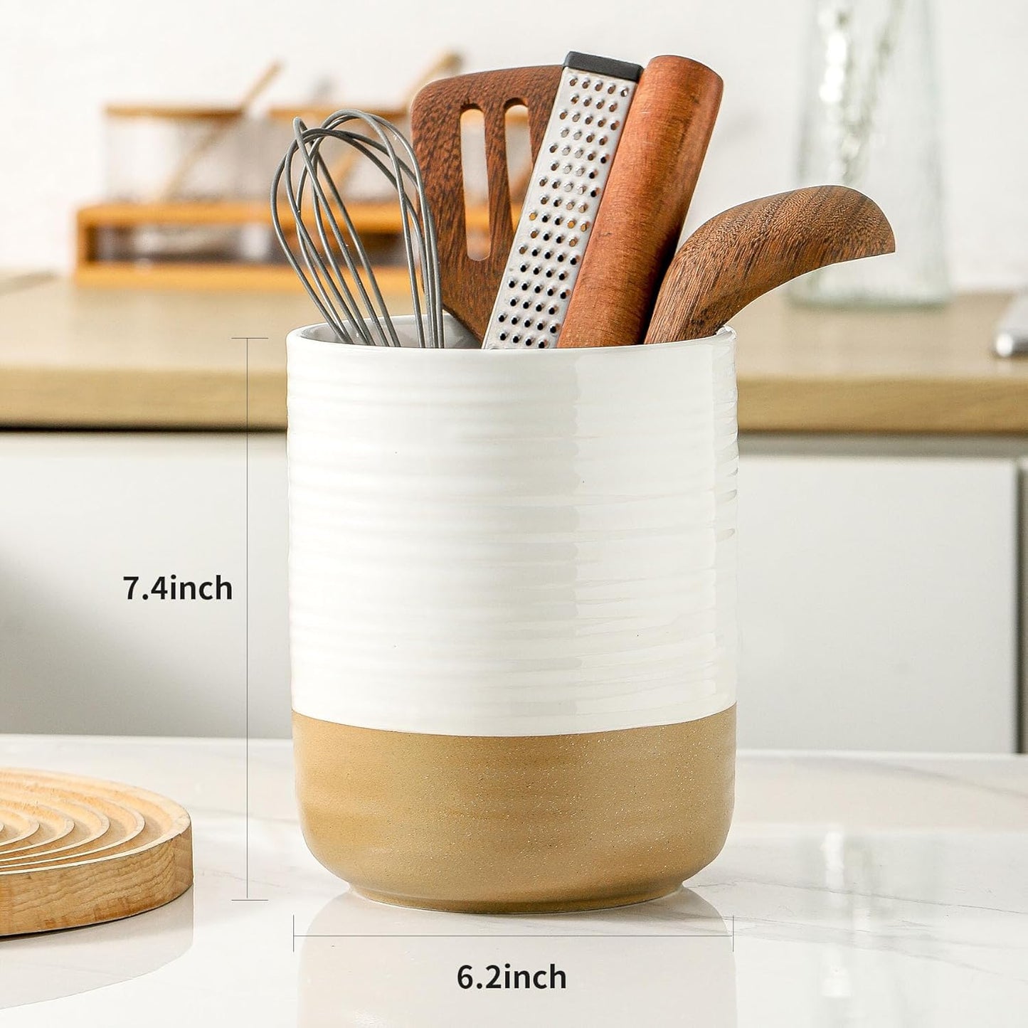 Hasense Utensil Holder, 7.4" x 6.2" Ceramic Utensil Holder for Kitchen Counter, Large Utensil Oganizer for Utensil Set, Farmhouse White Cooking Utensil Crock for Kitchen Decor
