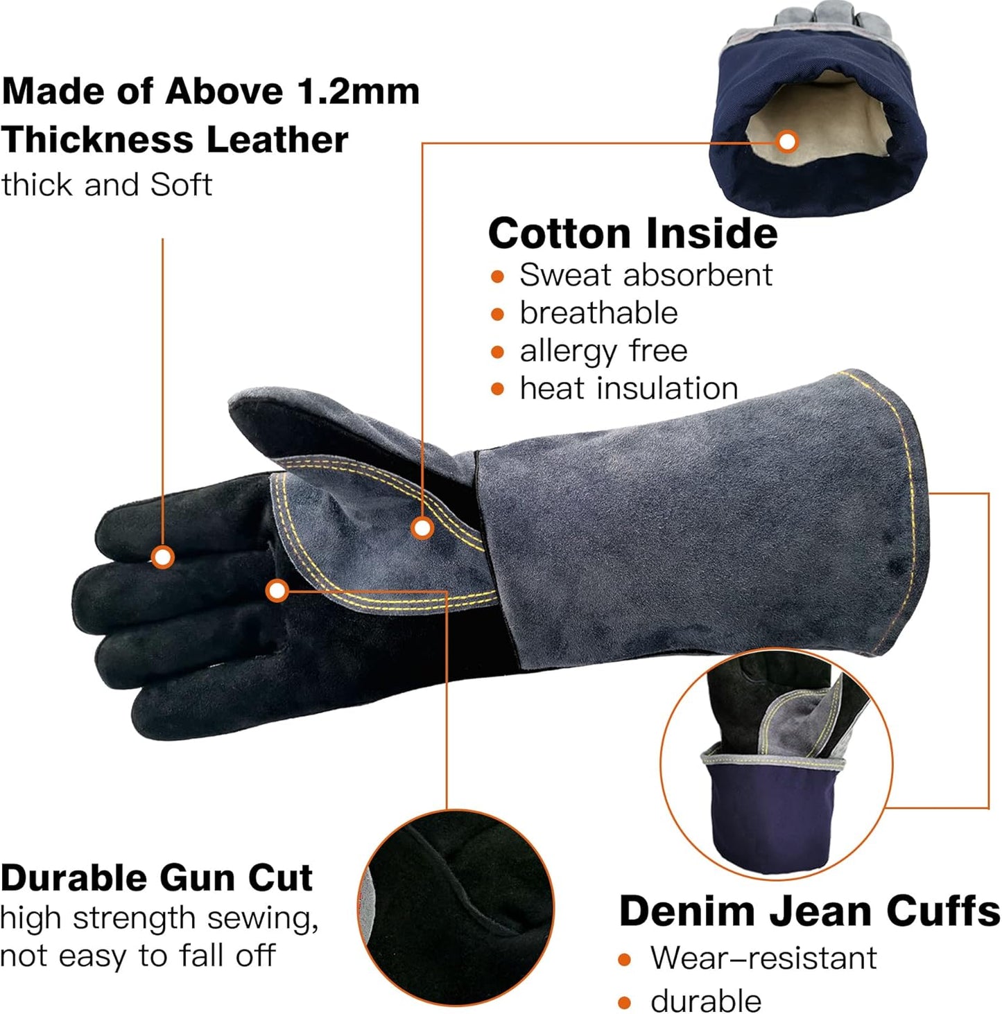 14 Inches,932℉,Leather Welding Gloves small, Heat/Fire Resistant,Small Mitts for BBQ,Oven,Grill,Fireplace,Tig,Mig,Forge,Baking,Furnace,Stove,Pot Holder,Animal Handling Glove.S Black-gray