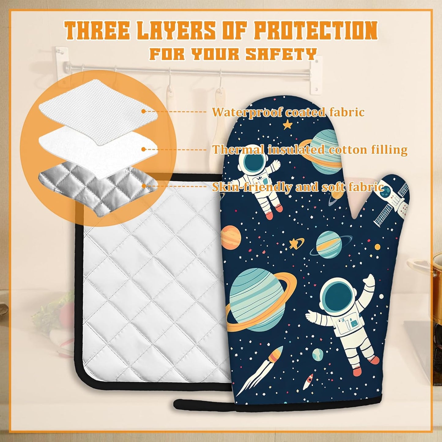 Astronaut Oven Mitts and Pot Holders,Planet Heat Resistant Oven Mitts Gloves and Pot Holder for Home Kitchen Decorations Cooking Baking BBQ Gifts,Set of 4