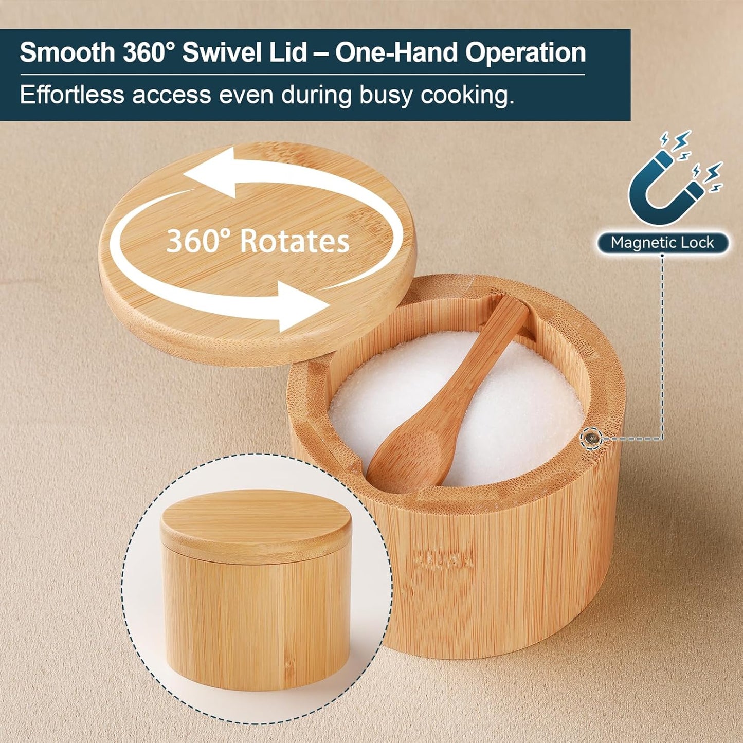 Bamboo Salt Cellar, 2 PCS Salt Container with Built-in Spoon, Salt Box Bowl with Magnetic Swivel Lid, Elegant Kitchen Salt Holder Saver Jar to Storage Pepper Spice Sea Salt for Countertop