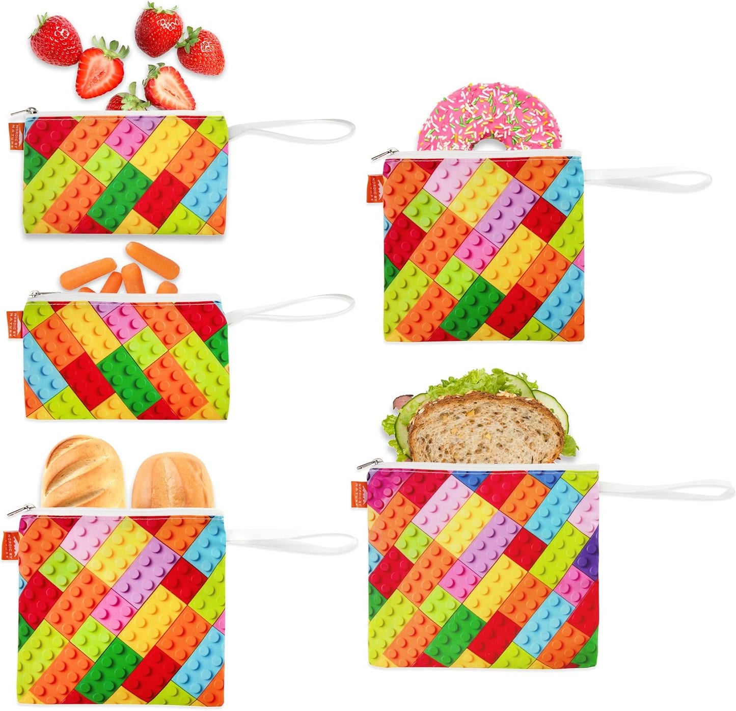 Nordic By Nature Reusable Sandwich Bag Snack Bags - Value Pack of 5 Dual Layer Lunch Baggies - Dishwasher Safe - Eco Friendly Cloth Wraps - Easy Open Zipper (Color Blocks)