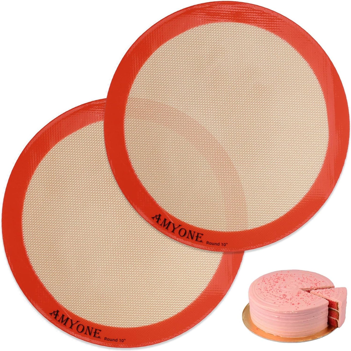 AMYONE Round Silicone Baking Mats for 10 inch Cake Pan, 10 Inch Tortilla Press Liner/Dough Mat for Cake/Tortilla/Pie/Pizza/Pastry, Food Grade Non-Stick Reusable(Round 9.65", 2PCS)