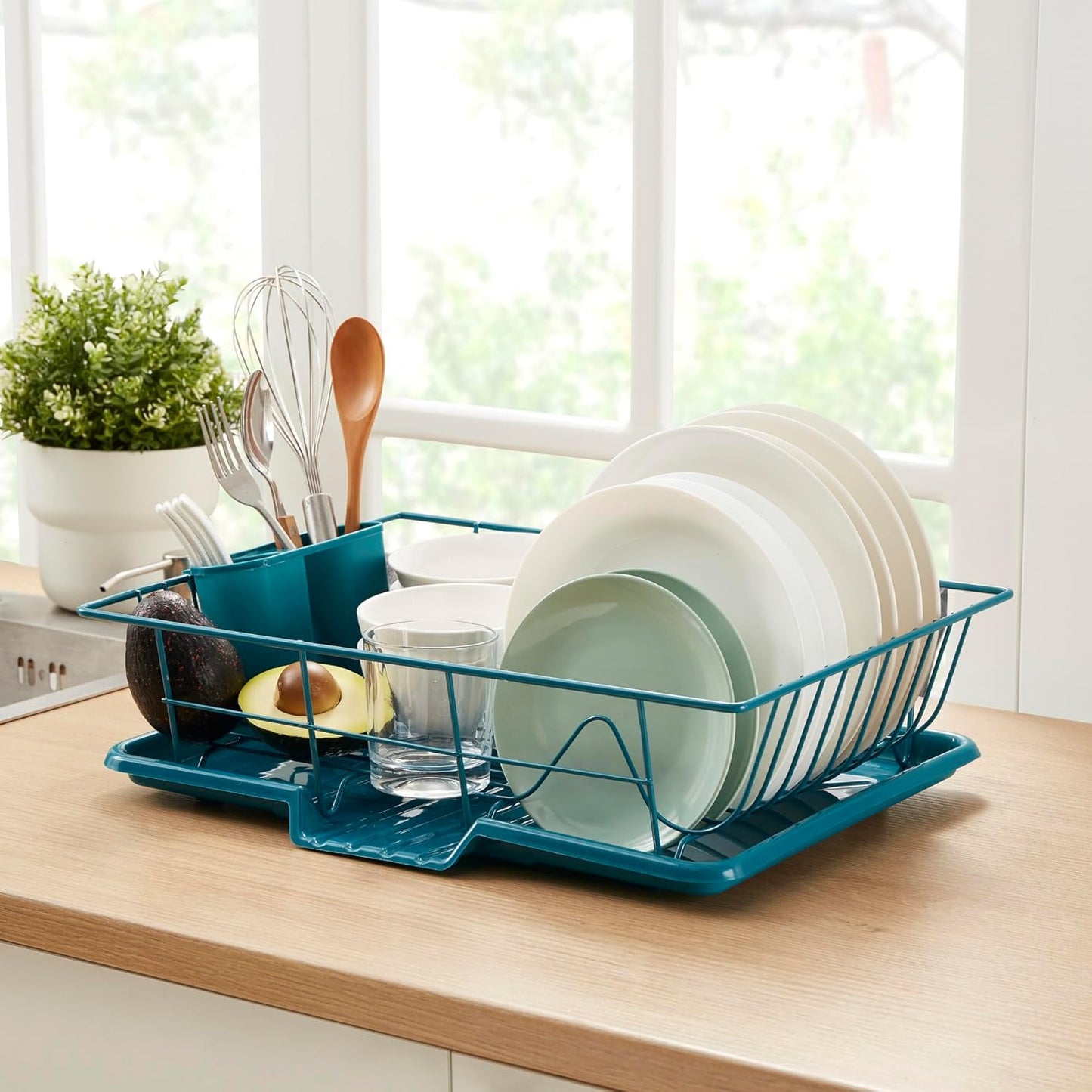 Space-Saving 3-Piece Dish Drainer Rack Set ✅ Efficient Kitchen Organizer for Quick Drying and Storage ✅ Includes Cutlery Holder and Drainboard ✅ Maximize Countertop Space, Blue/Green Teal