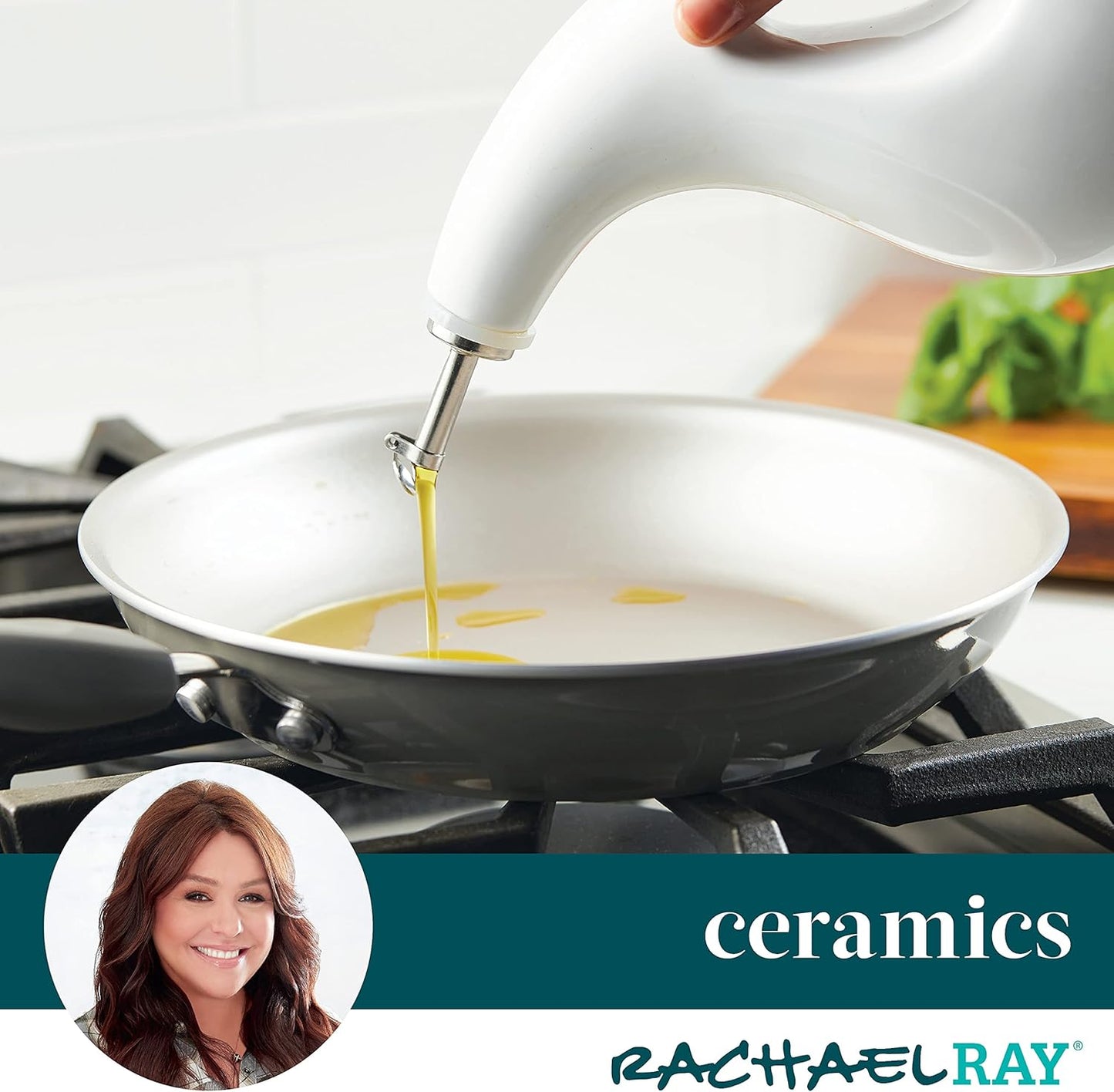 Rachael Ray Ceramic EVOO Oil and Vinegar Dispensing Bottle with Spout, 24 Ounce, White