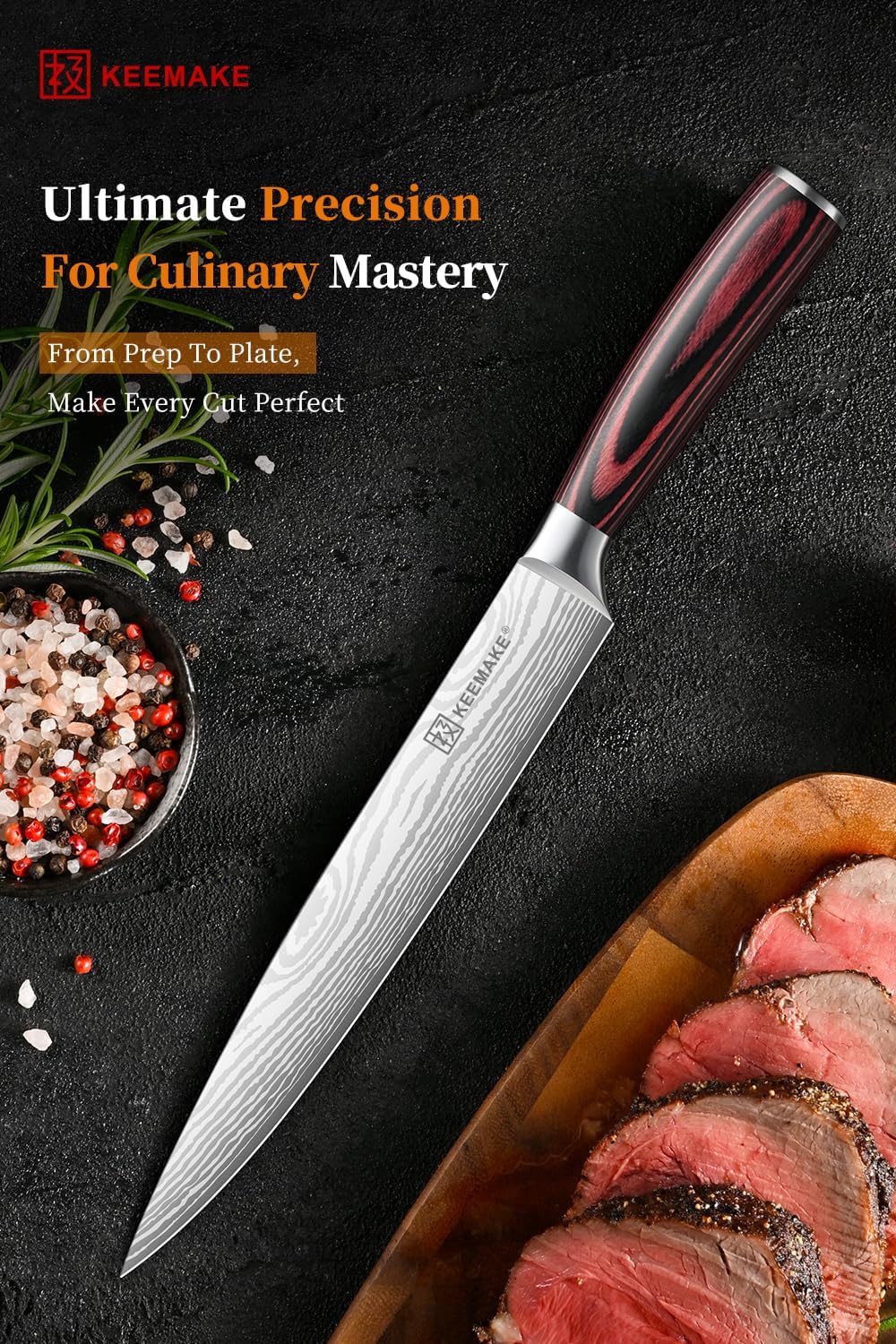 KEEMAKE 8 Inch Carving Knife - Ultra Sharp Slicing Knife High Carbon Stainless Steel Blade & Ergonomic Handle for Meat Cutting BBQ Turkey Ham Gift Box Included