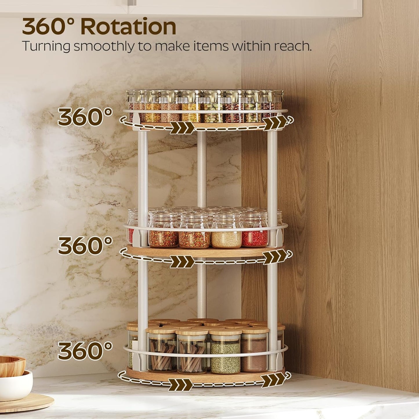 3-Tier Lazy Susan Organizer, Rotating Spice Rack, Spinning Organizer, Industrial Turntable Spice Rack Organizer for Cabinet, Kitchen Countertop, Pantry, White and Natural SR23WN