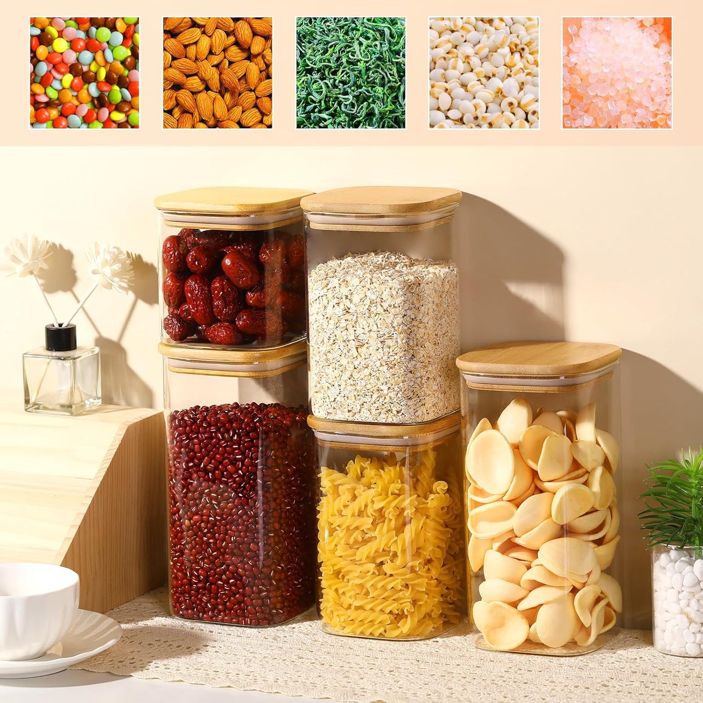 Glass Food Storage Jars with Lids(24oz/37oz/50oz)Square Set of 6 ,Glass Storage Containers Clear Glass Food Canister with Bamboo Lid Airtight For Serving Tea, Coffee Beans, Candy,Spice and More