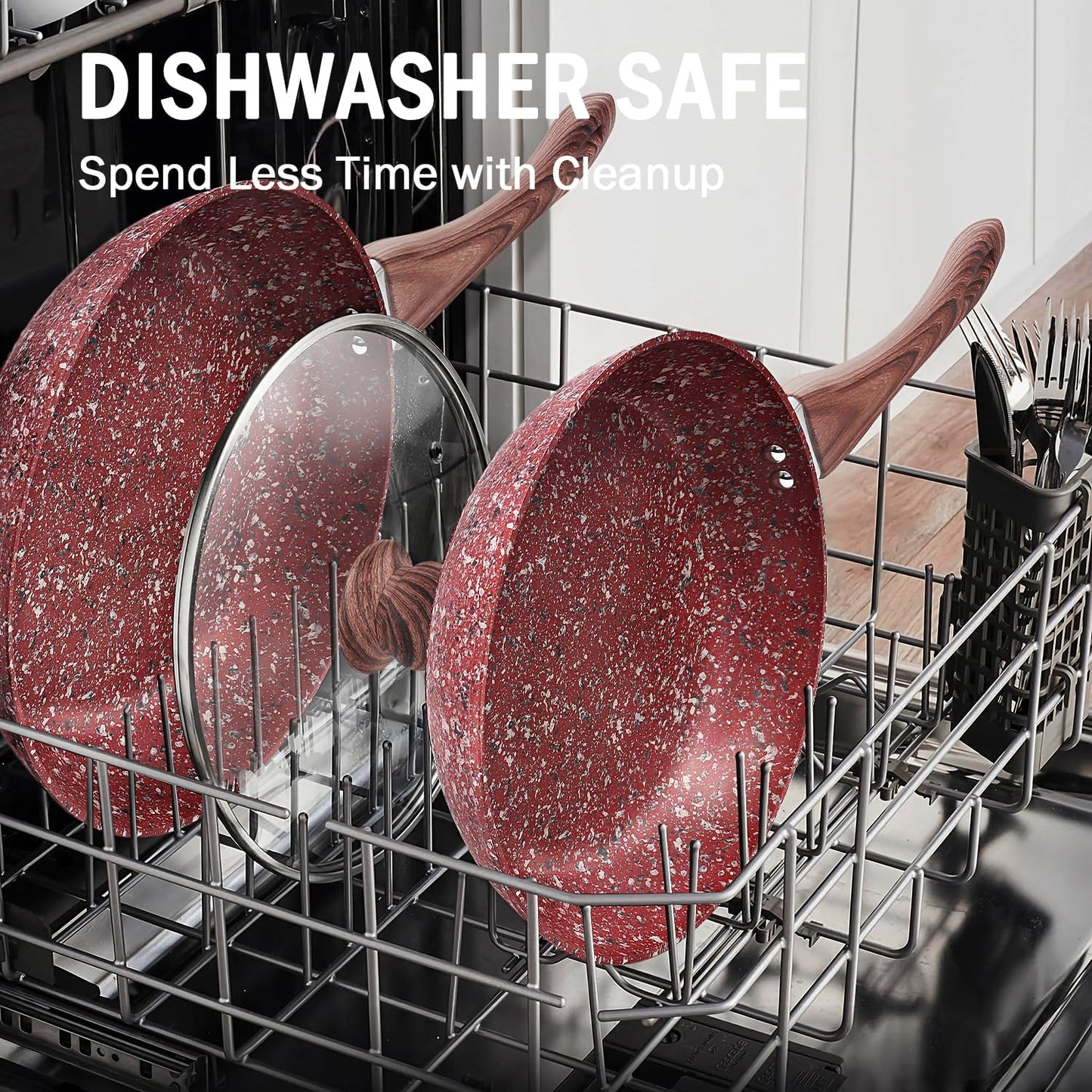 KOCH SYSTEME CS 12" Red Granite Non-Stick Frying Pan with Lid, Classic Pans with Non-toxic Nonstick Coating, Aluminum Skillet with Heat-resistant Bakelite Handle, Induction Compatible Frying Pan