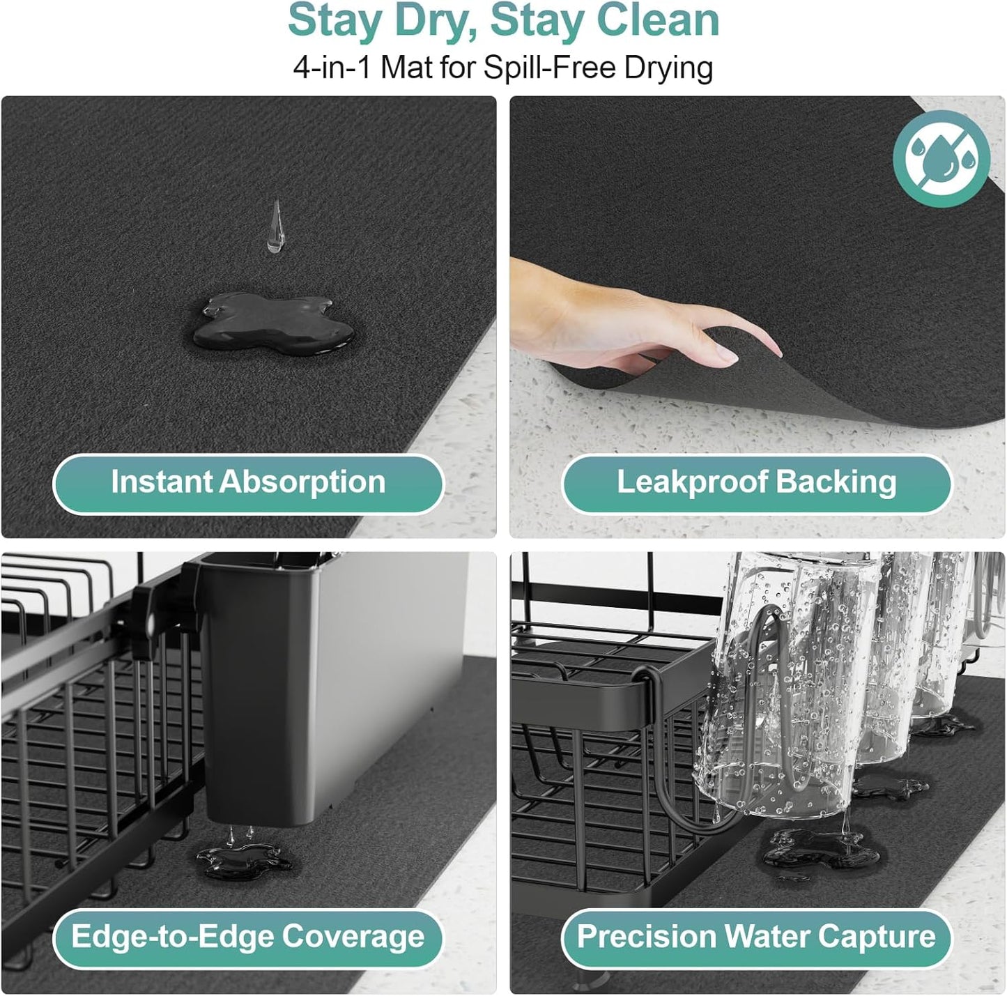 GSlife Large Dish Drying Rack - Full Size Expandable Dish Racks for Kitchen Counter, Rust Resistant Dish Drainer with Absorbent Drying Mat Cutlery Holder, 16.5"-21.3" L x 14.7" W, Black