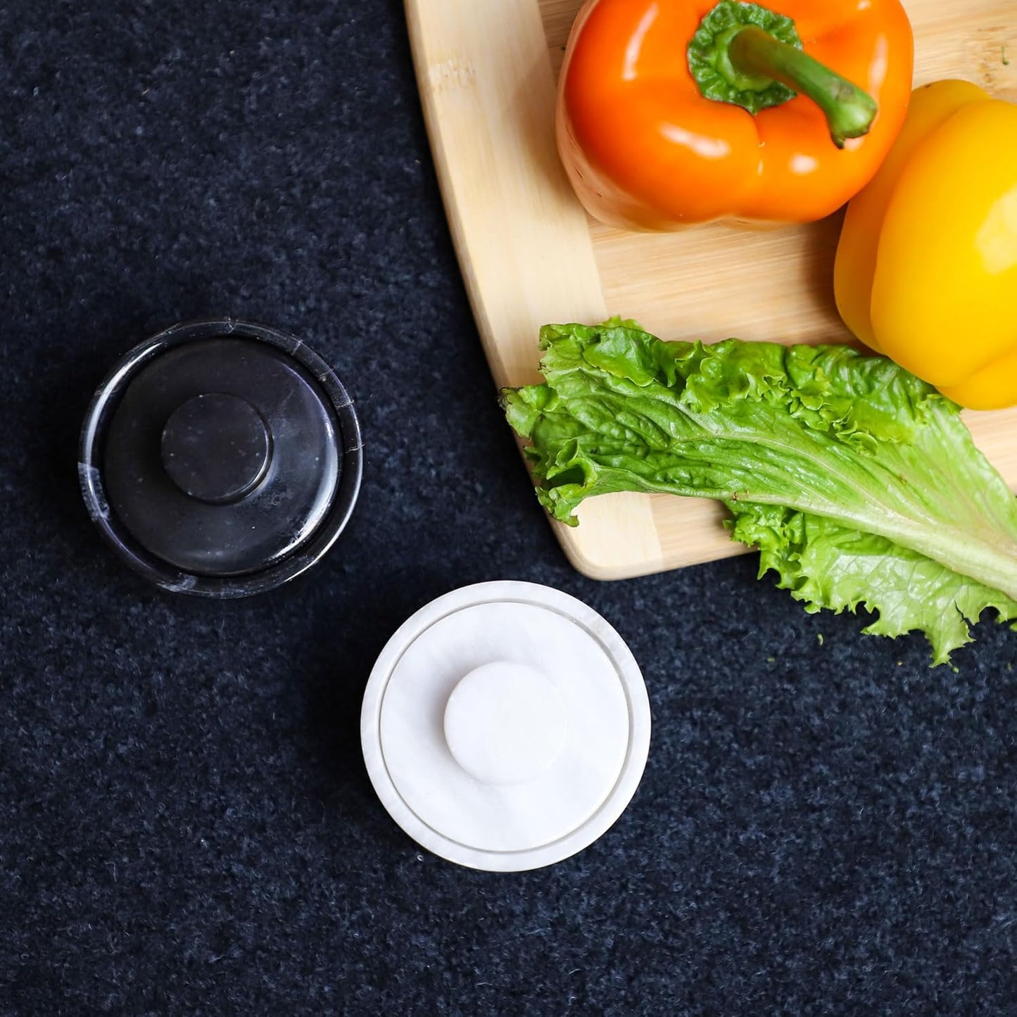 Marble Salt Cellar With Lid- Pack Of 2 Marble Salt And Pepper Bowls- Salt Holder With Lid To Put Salt, Paprika, Pepper, And Spice (White & Black, Style 01)