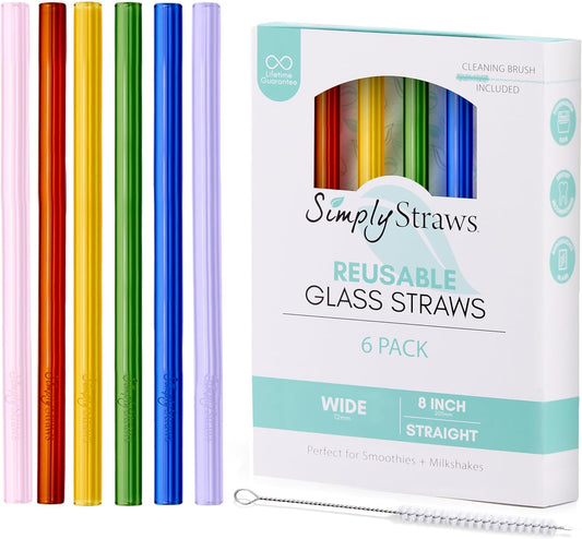 Simply Straws 8 Inch Wide Glass Straws (6-Pack) - 12mm Reusable Boba Straws for Milkshakes & Smoothies, with Cleaning Brush - Dishwasher Safe, Hot & Cold Use, BPA-Free (Iridium)