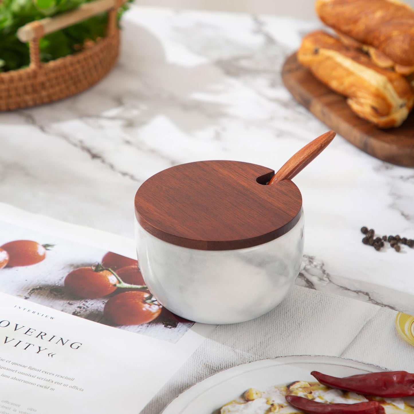 Marble Salt Cellar with Lid & Spoon, 11oz Salt and Pepper bowls, Handcrafted from Natural Marble, Smooth Inside (white bowl)