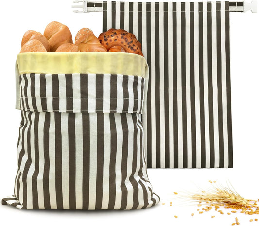 Mosucoirl Beeswax Bread Bags 2 Pack, Reusable Bread Storage Boxes for Homemade Sourdough, Cotton Food Bags Loaf Containers to Keep Fresh Large (Striped Grid)