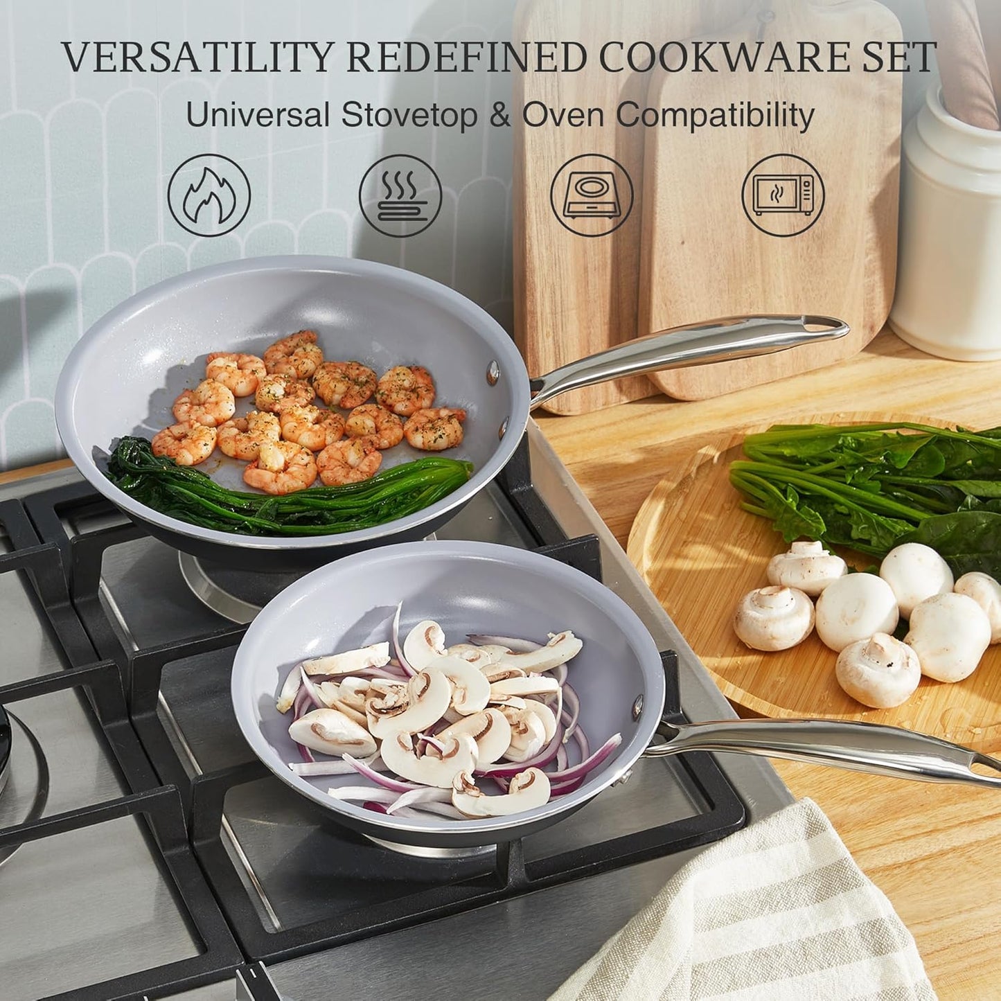 KITEXPERT Non Stick Frying Pans Set, Titanium Ceramic Pan Skillet Set Non Toxic, 8" 9.5" 11" Nonstick Frying Pan, Stainless Steel Handle, Dishwasher & Oven Safe, PFAS & PTFE & PFOA Free, Grey