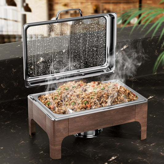 Chafing Dishes for Buffet, 9.5QT Square Stainless Steel Chafing Dish with Transparent Hydraulic Lid, 304 Food Pan, Buffet Warmer for Parties and Events (Wood Color)