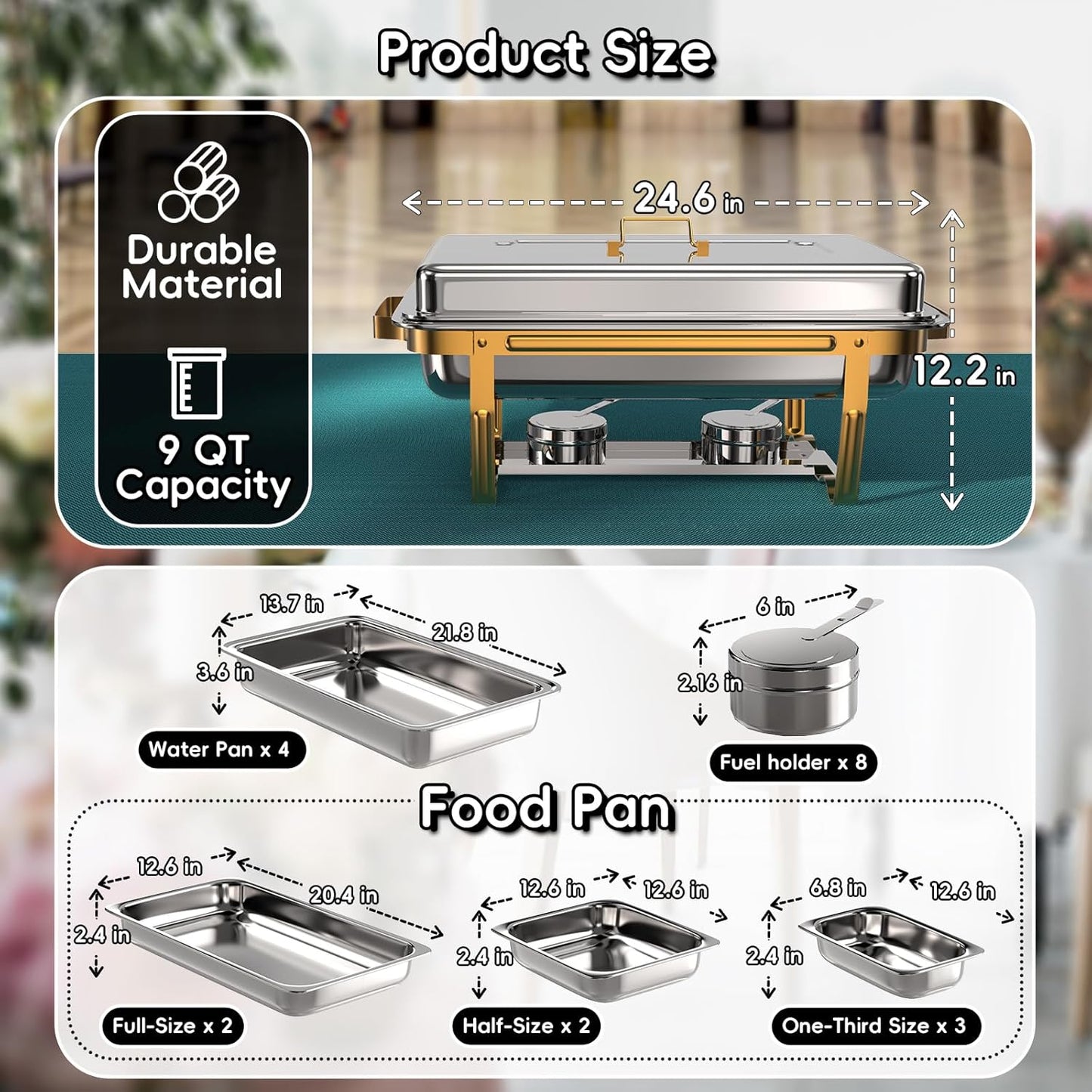 9Qt Chafing Dishes for Buffet 4 Pack [Multiple Size Food Pans] | Chafing Dish Buffet Set [Screw-free Installation] with Stackable Design [Less Storage Space] for Wedding/Party