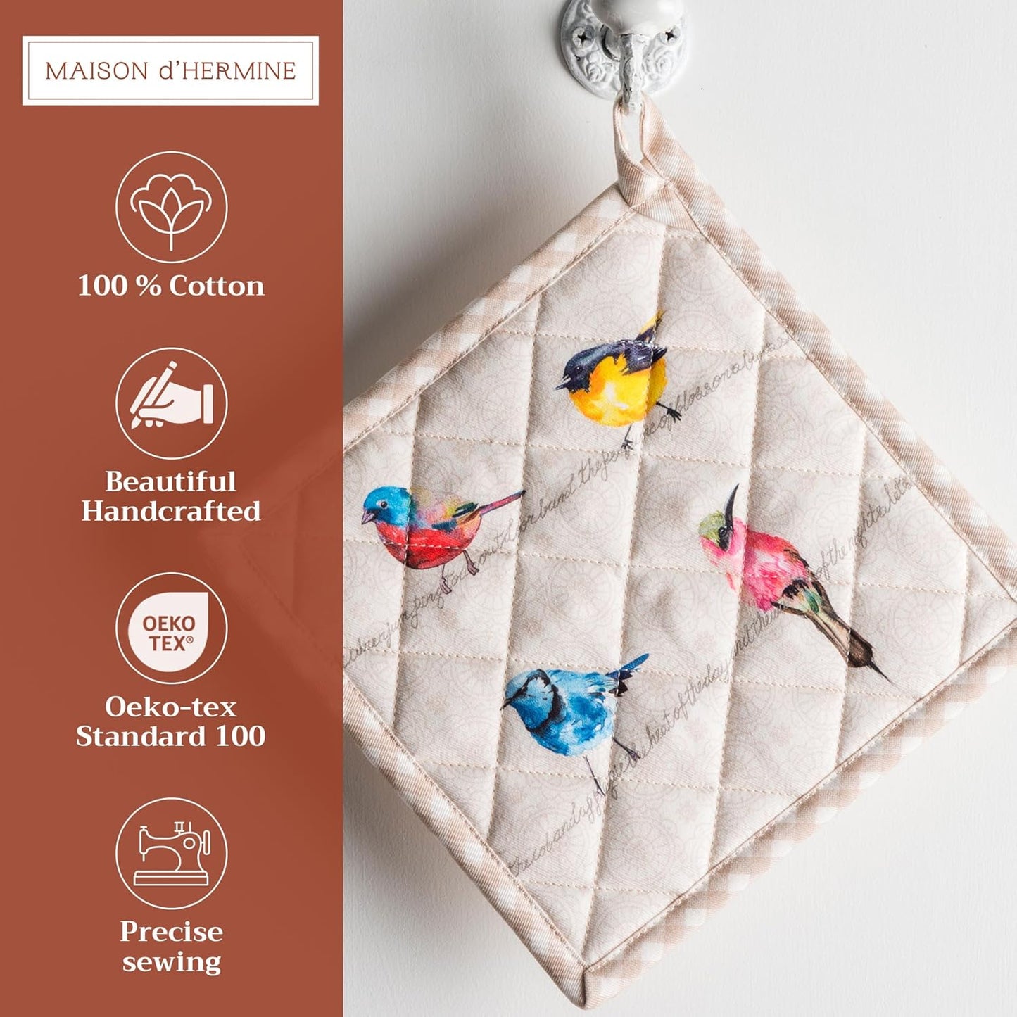 Maison d' Hermine Birdies On Wire 100% Cotton Pot Holder, 8 - inch by 8 - inch.