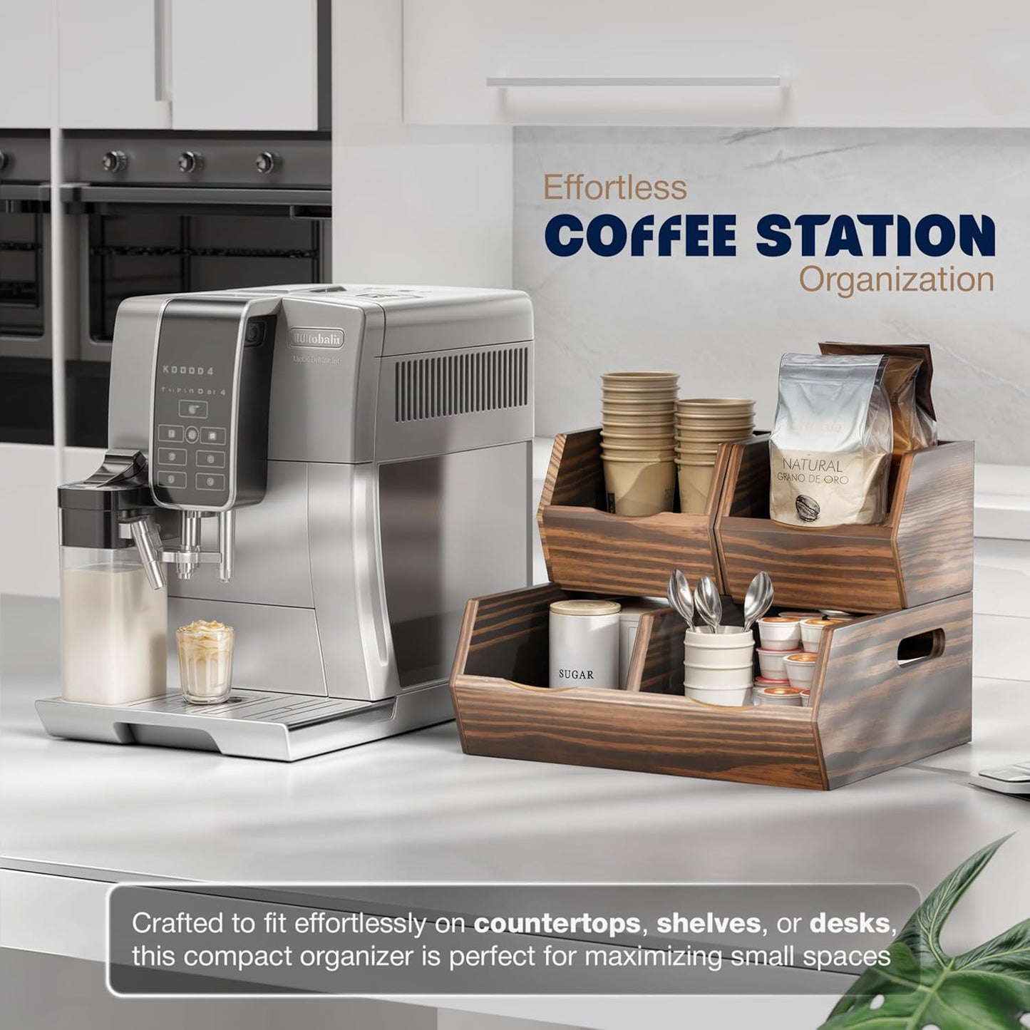 Acacia Wood Pantry Storage Bins – Stackable Open Front Kitchen Baskets for Potato, Onion, Fruit, Bread & More – Rustic Wooden Basket for Pantry (Walnut - Pine Wood)