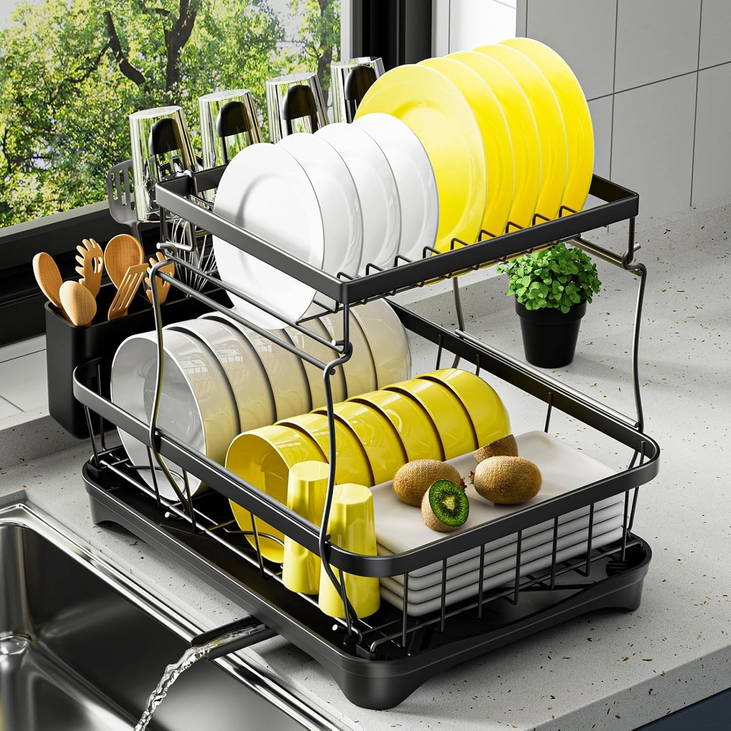 Dish Drying Rack 2-Tier Dish Racks for Kitchen Counter, Adjustable Spout Auto-Draining Dish Rack, Large Capacity for Plates, Bowls, Cups, Tableware，Dish Drainer with Drainboard,Black