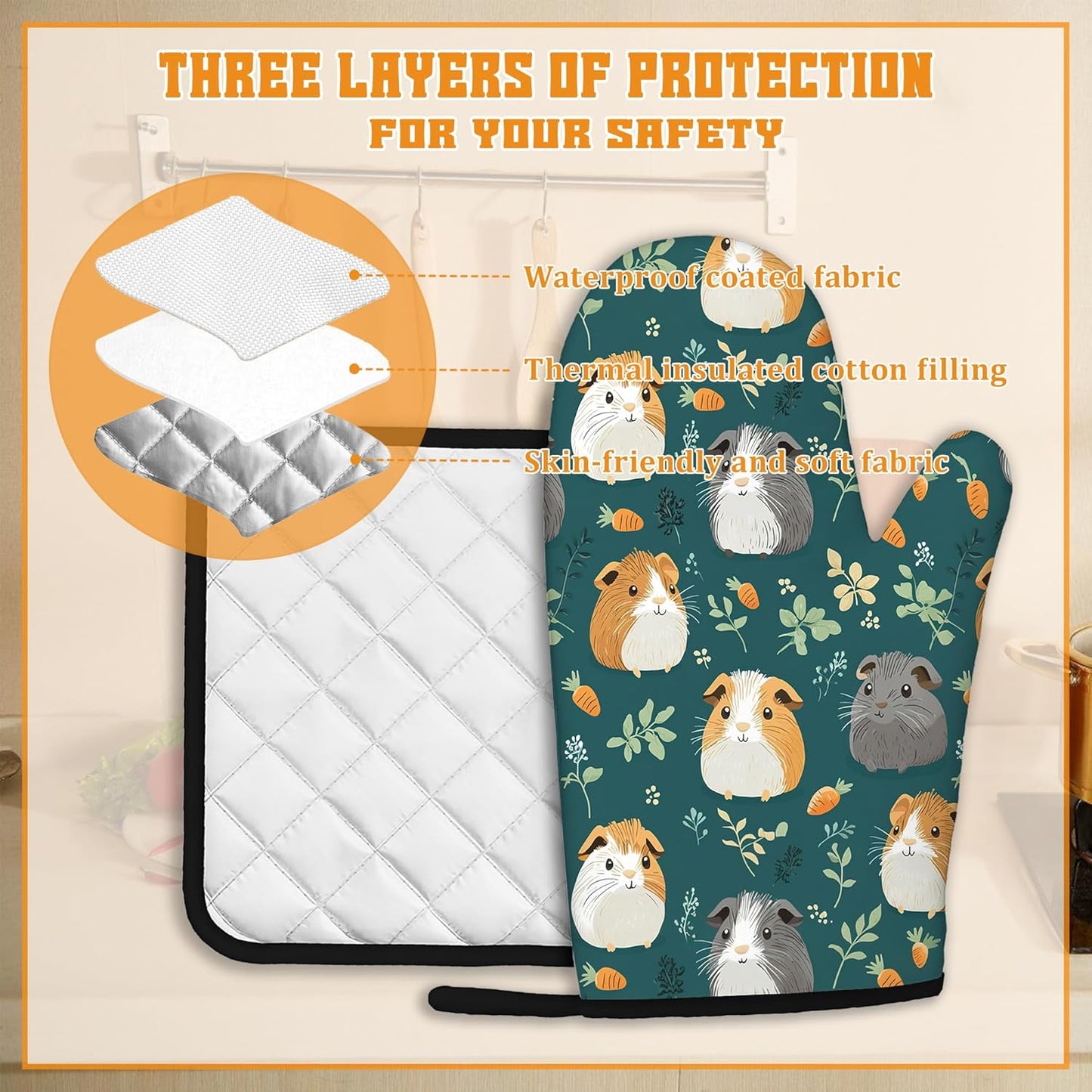 Cute Guinea Pig Oven Mitts and Pot Holders,Heat Resistant Oven Mitts Gloves and Pot Holder for Home Kitchen Decorations Cooking Baking BBQ Gifts,Set of 4
