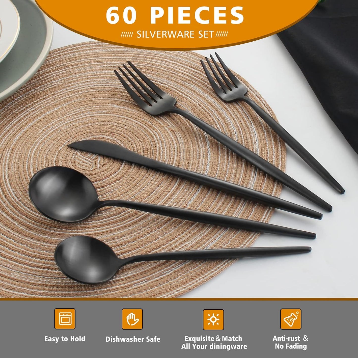 Matte Black Silverware Set, Oliviola 60-Piece Stainless Steel Flatware Cutlery Set Service for 12, Satin Finish Kitchen Utensil Set, Dishwasher Safe